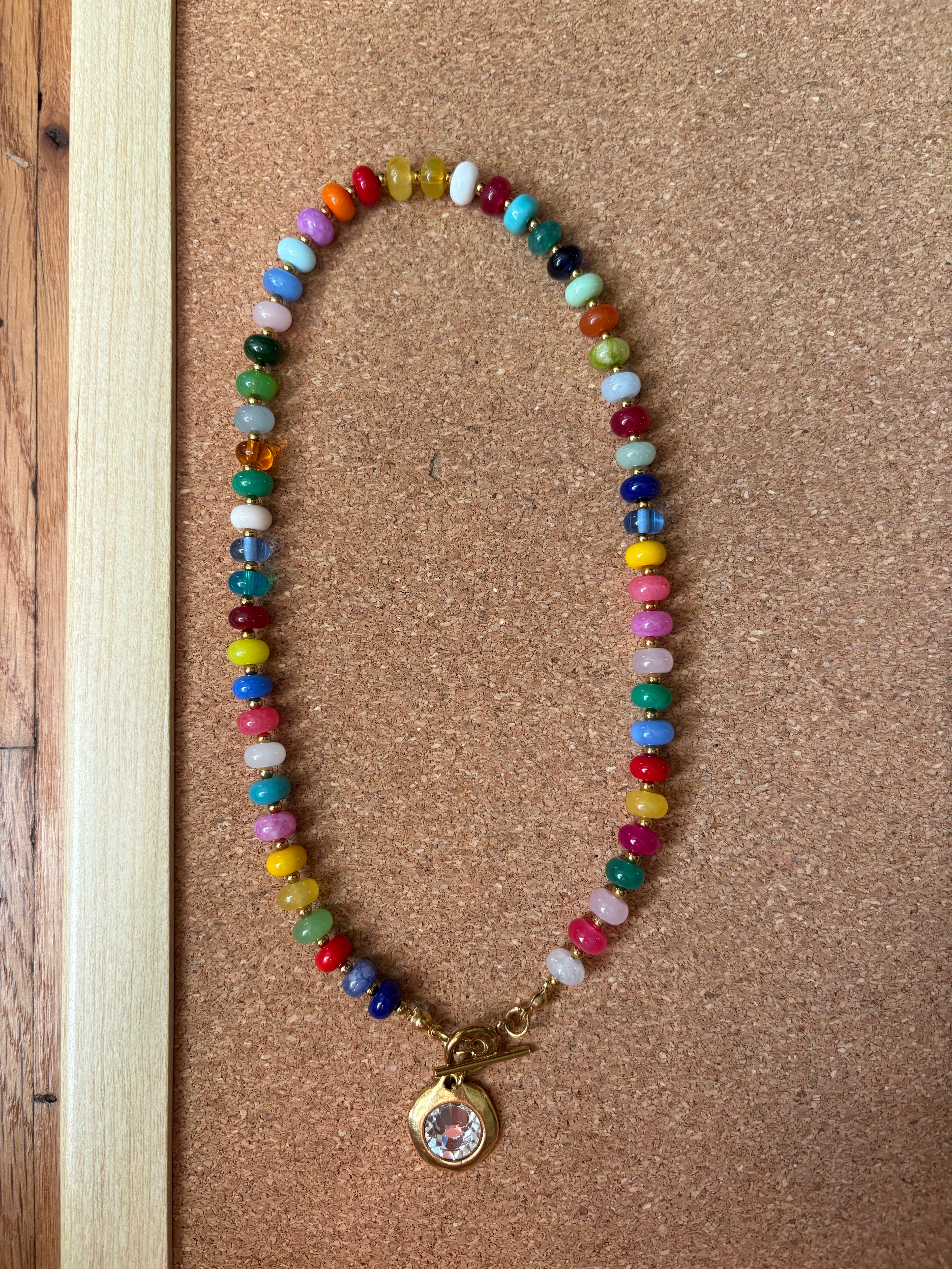 Multicolor Rondelle Beaded Necklace with Bezel Pendant | Tarnish Resistant Accents | 17'