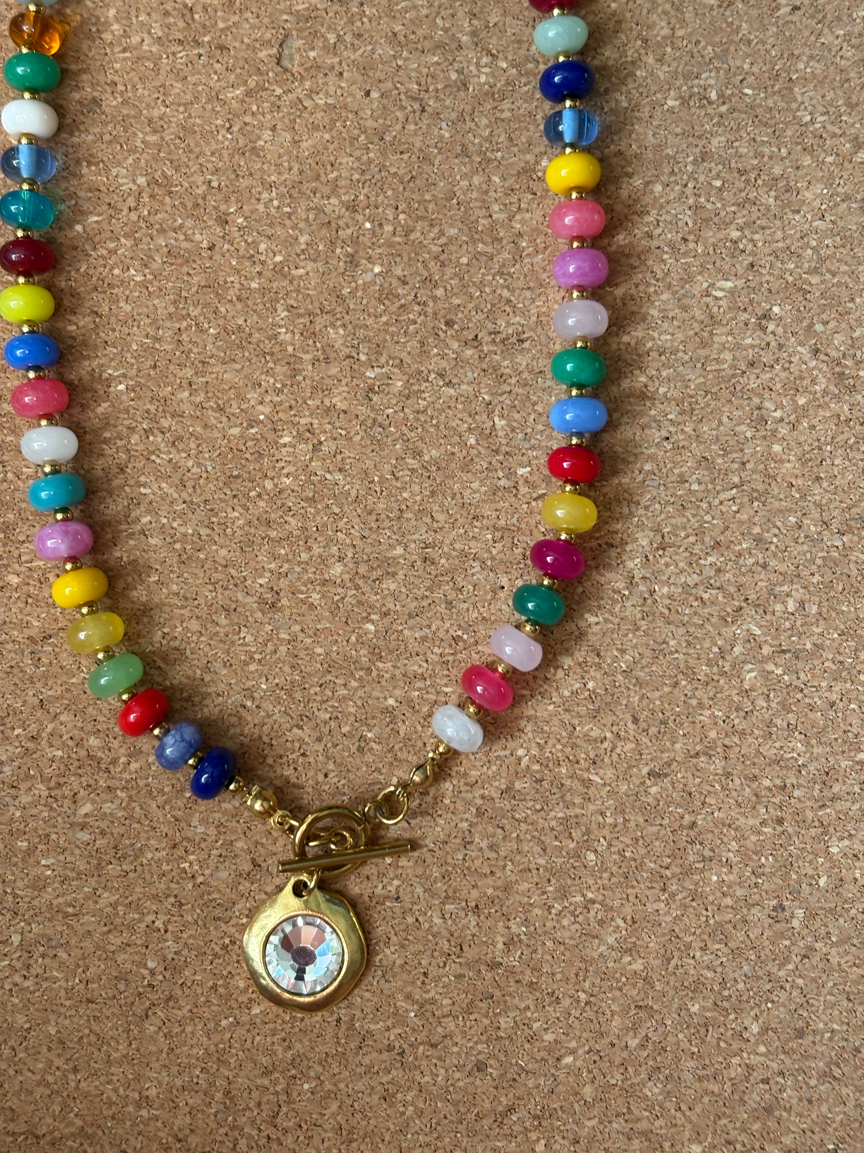Multicolor Rondelle Beaded Necklace with Bezel Pendant | Tarnish Resistant Accents | 17'