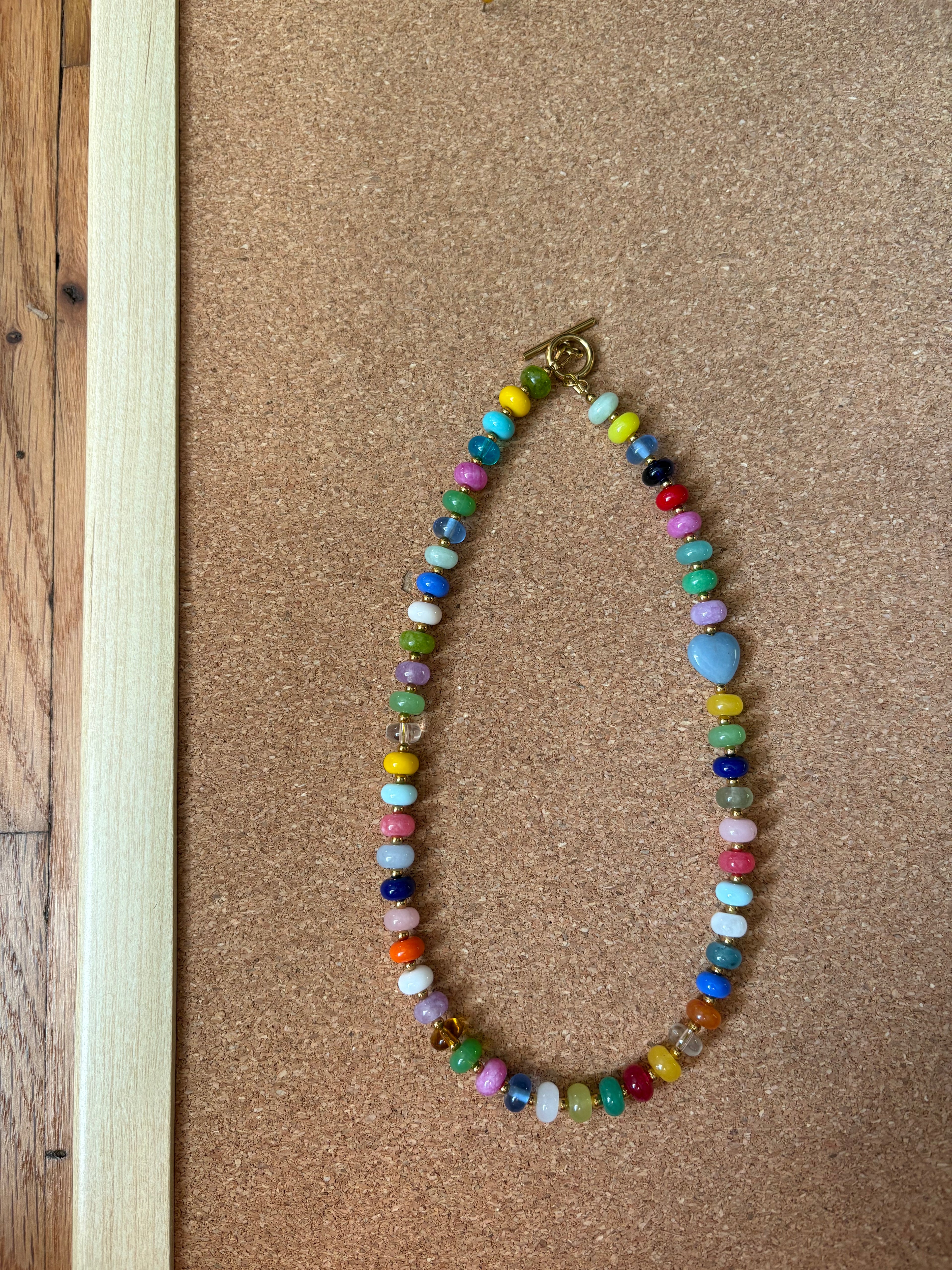Multicolor Beaded Necklace with Light Blue Heart | Tarnish Resistant Accents | 17'
