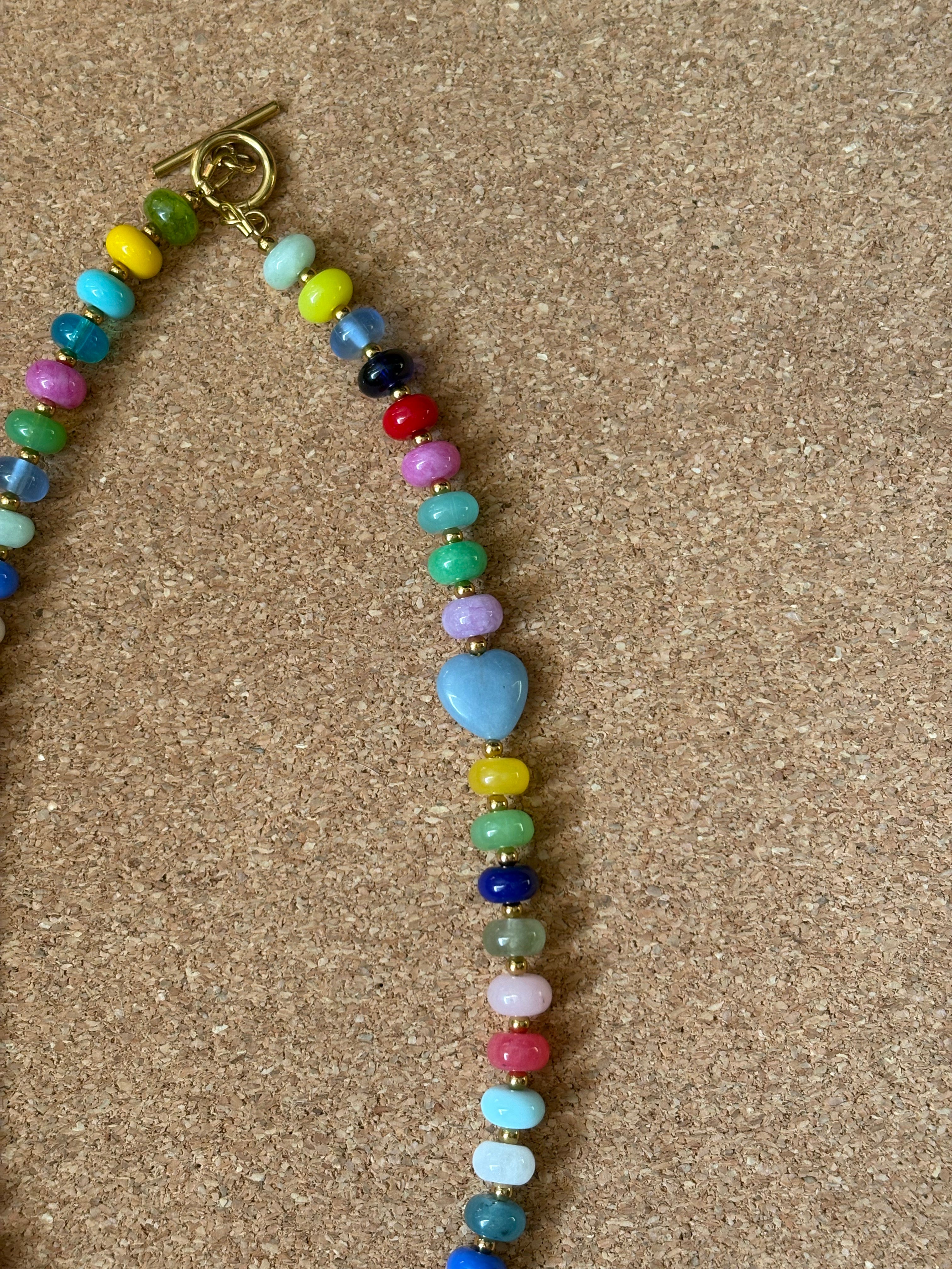 Multicolor Beaded Necklace with Light Blue Heart | Tarnish Resistant Accents | 17'