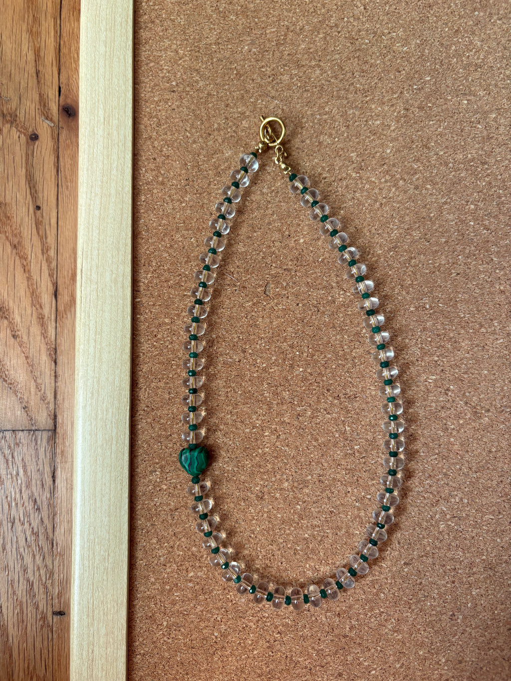 Clear Beaded Necklace with Dark Green Accents Beads & Charm | Tarnish Resistant | 17'