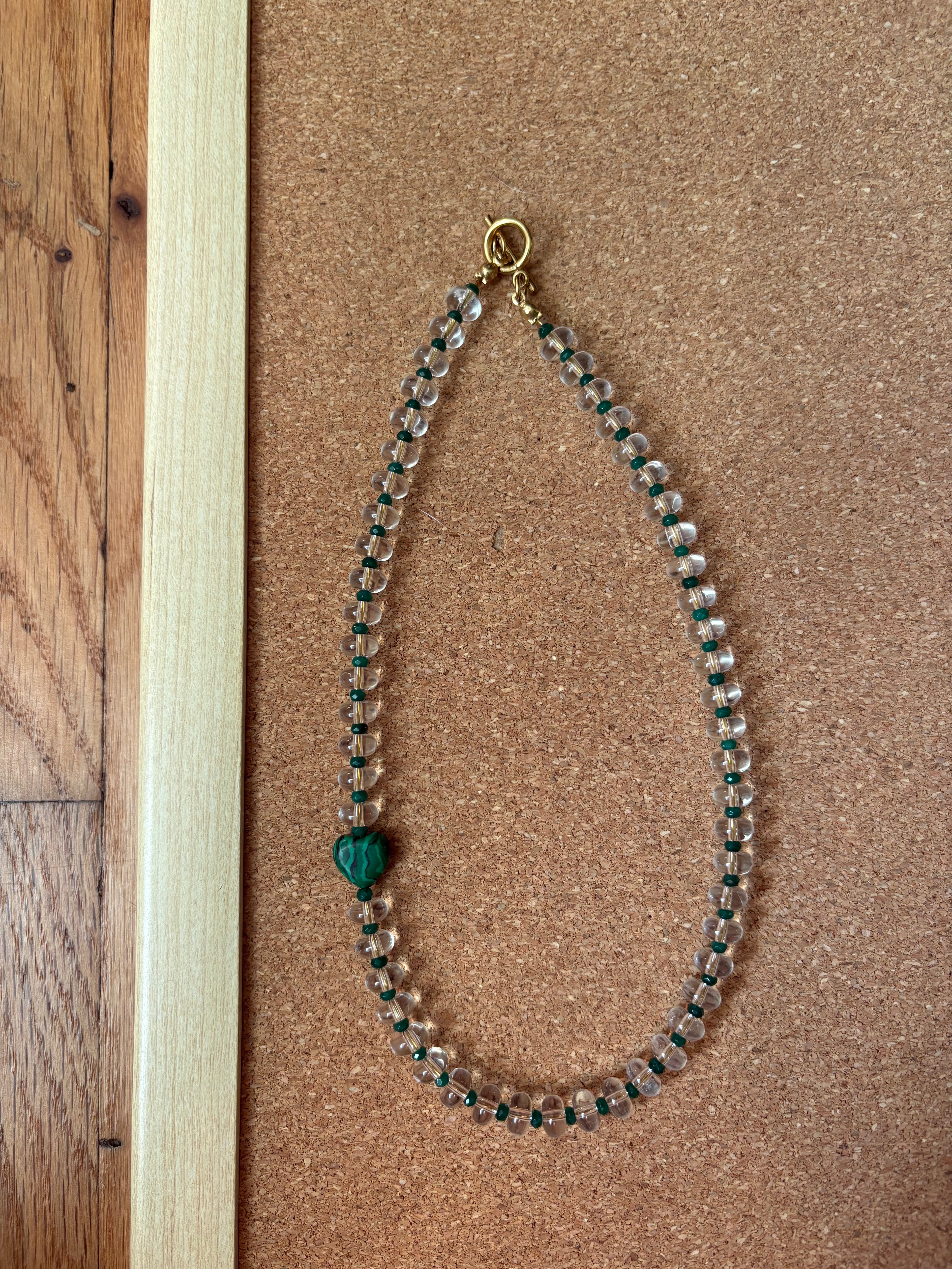Clear Beaded Necklace with Dark Green Accents Beads & Charm | Tarnish Resistant | 17'