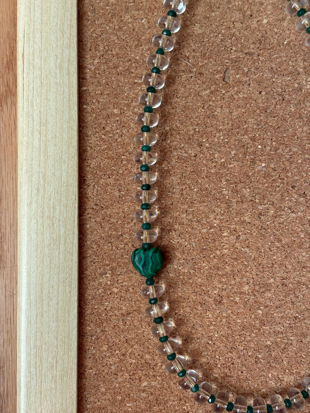 Clear Beaded Necklace with Dark Green Accents Beads & Charm | Tarnish Resistant | 17'