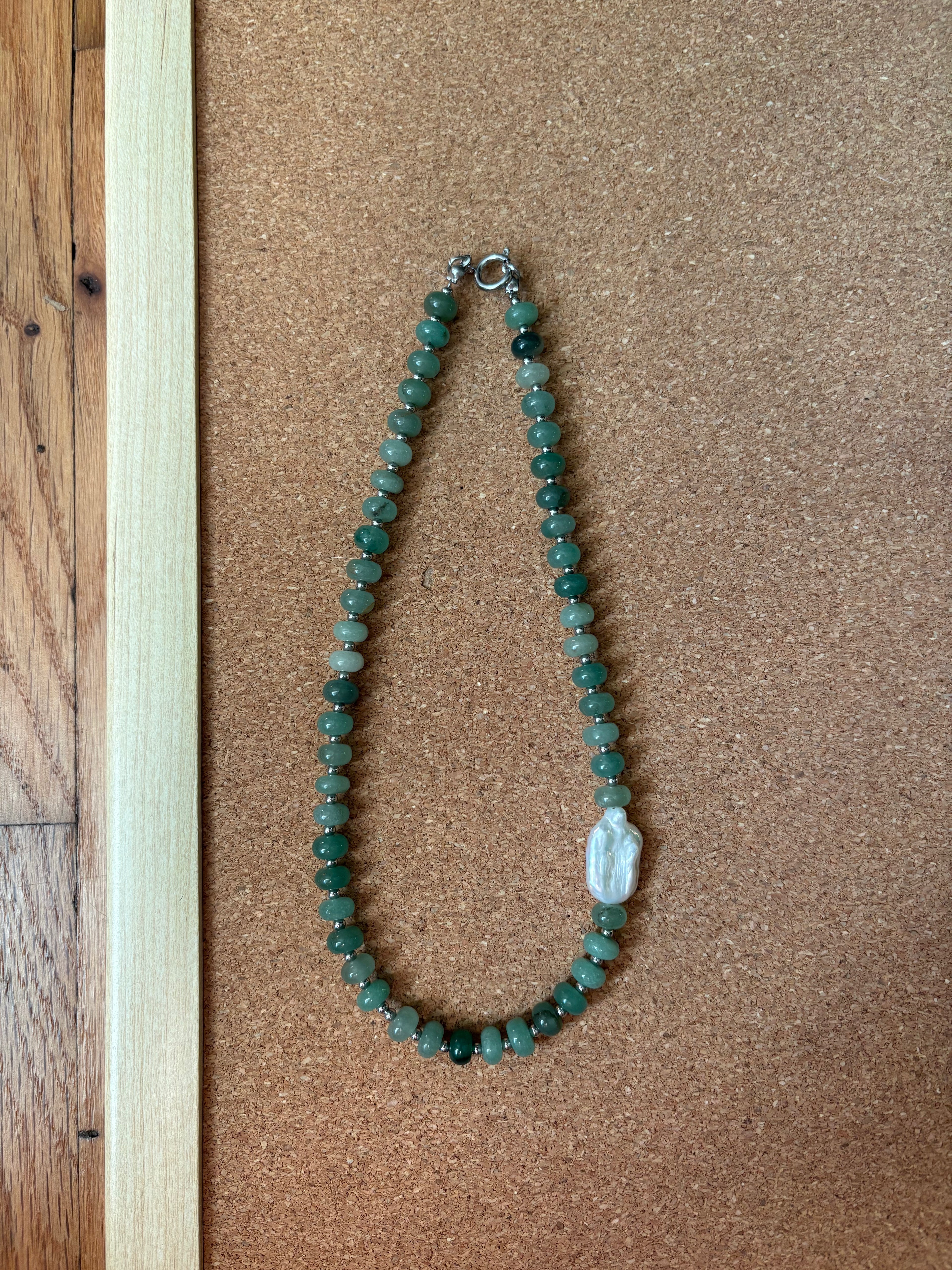 Sage Green Rondelle Necklace with Side Pearl Detail | Tarnish Resistant Accents | 17'