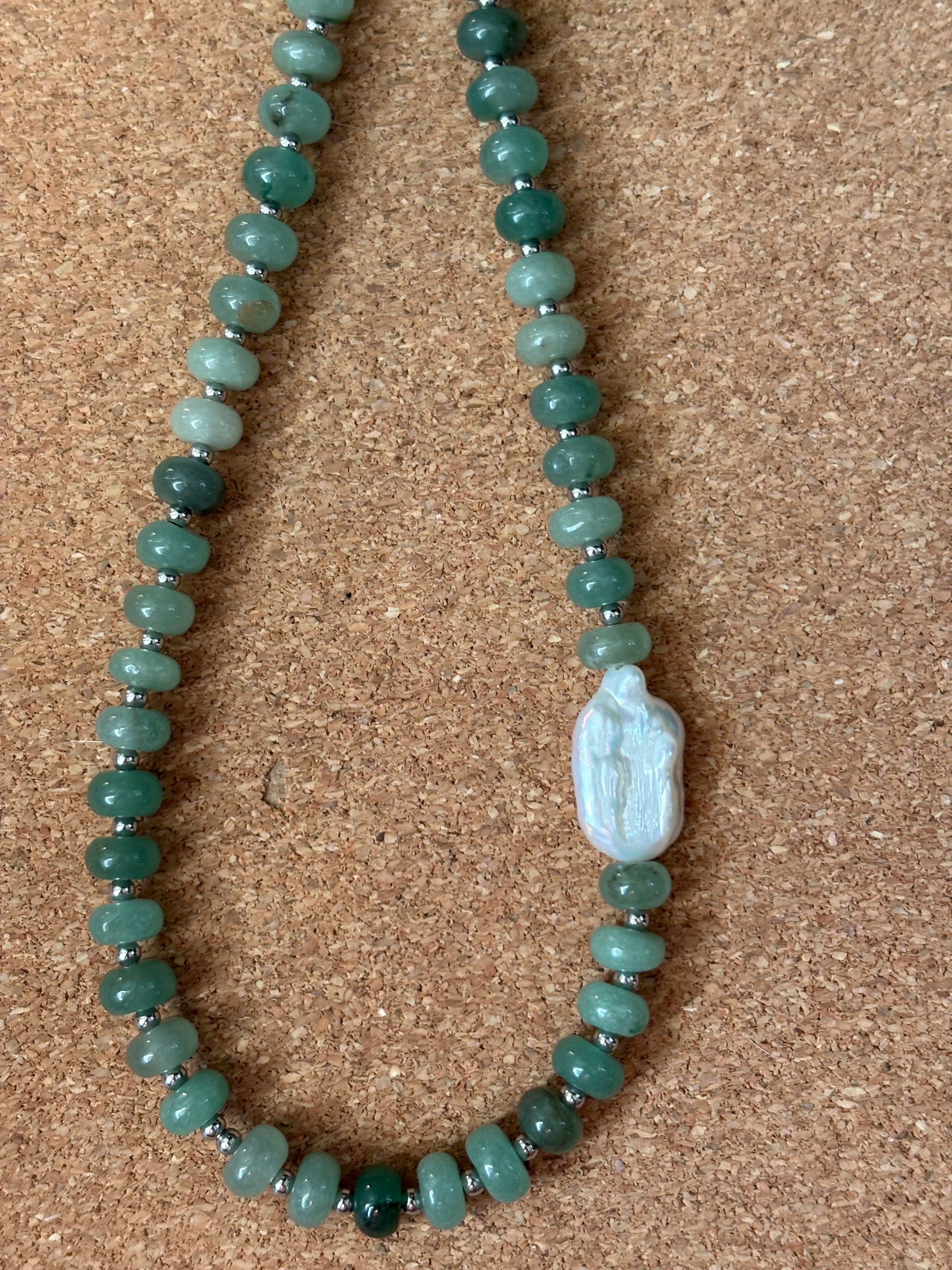 Sage Green Rondelle Necklace with Side Pearl Detail | Tarnish Resistant Accents | 17'