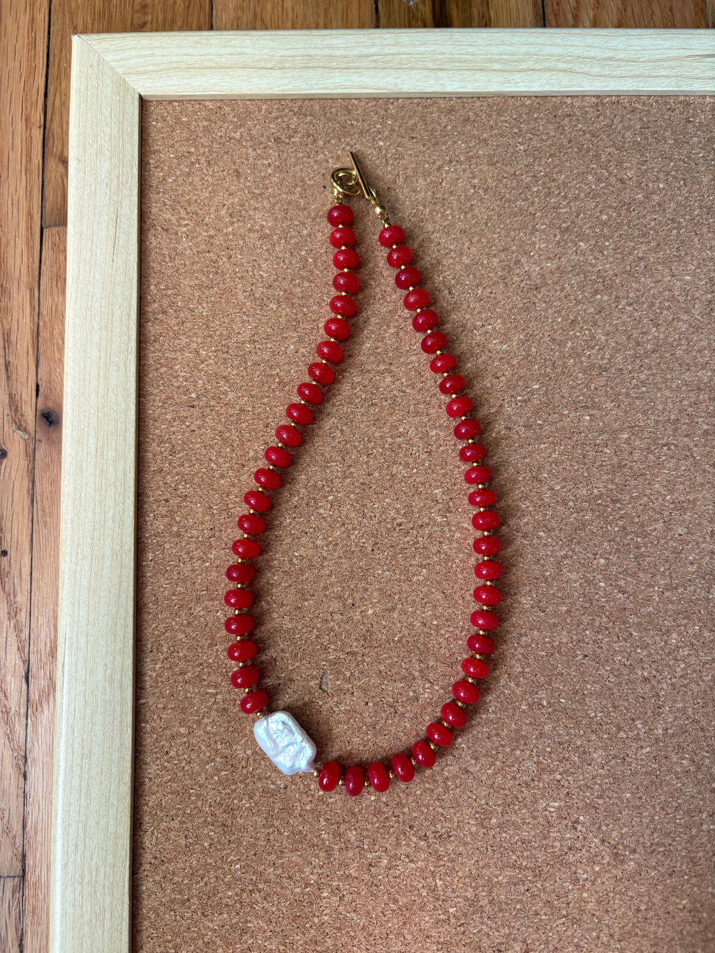 Cherry Red Beaded Necklace with Side Pearl Detail | Tarnish Resistant Accents | 17'