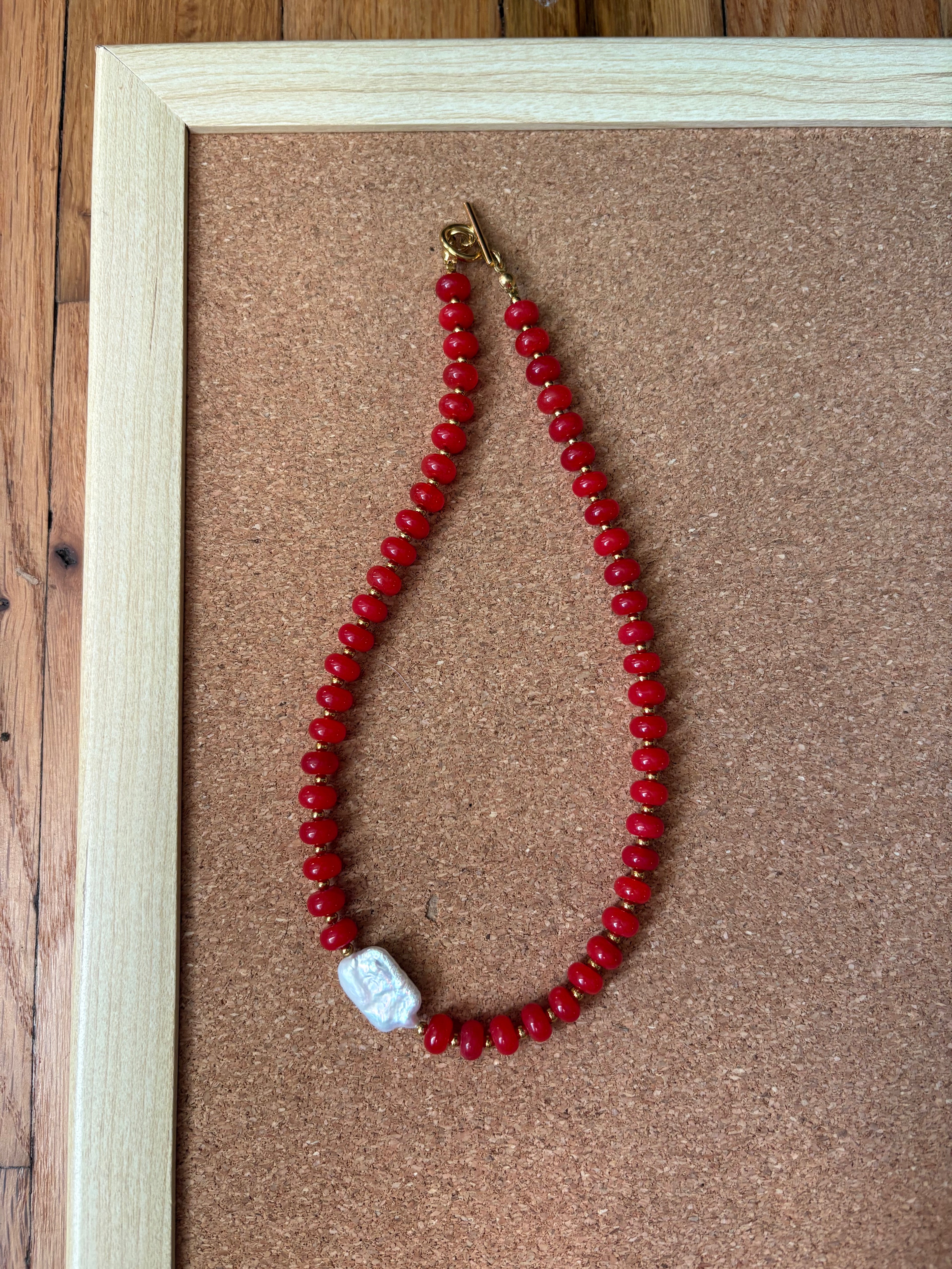 Cherry Red Beaded Necklace with Side Pearl Detail | Tarnish Resistant Accents | 17'