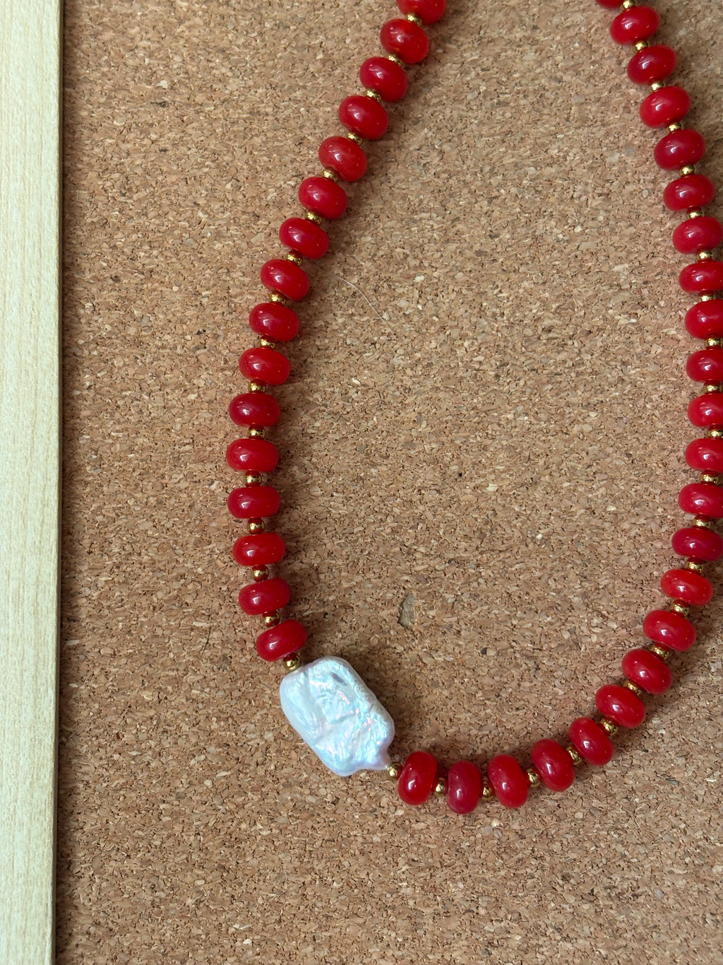 Cherry Red Beaded Necklace with Side Pearl Detail | Tarnish Resistant Accents | 17'