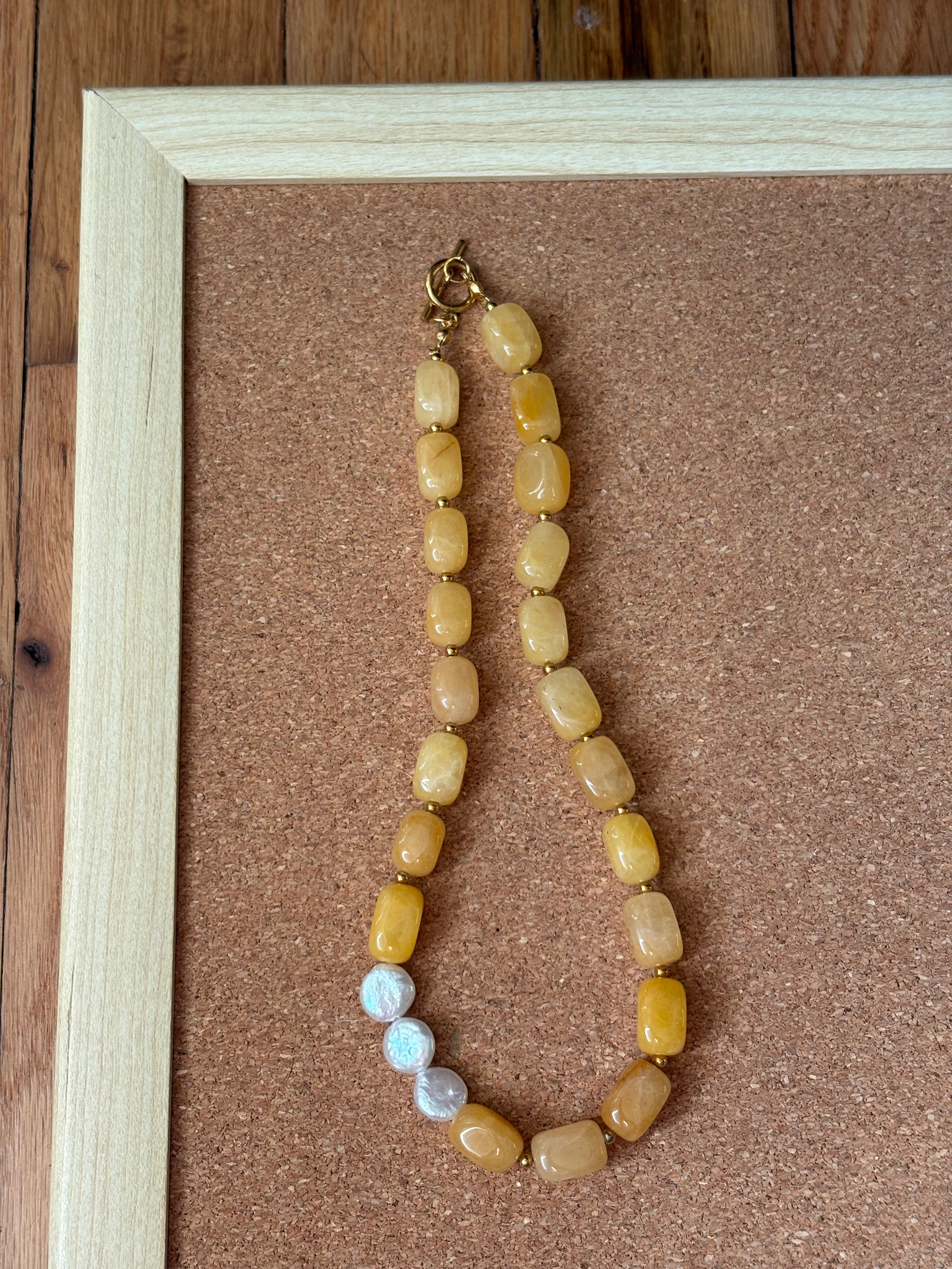 Light Orange Chunky Stone Necklace with Coin Pearls | Tarnish Resistant Accents | 16.5'