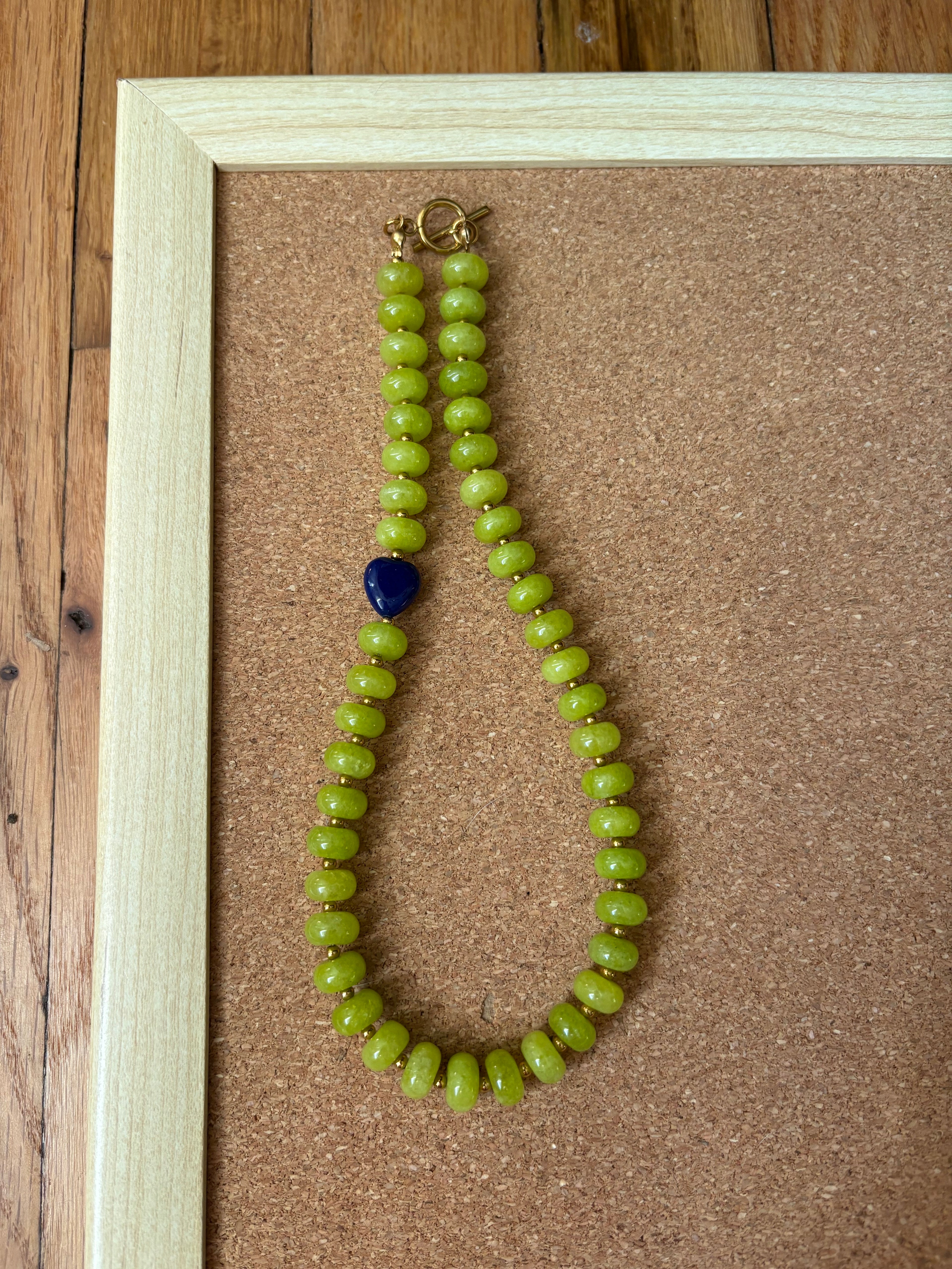 Lime Green Chunky Beaded Necklace with Royal Blue Heart | Tarnish Resistant | 17'