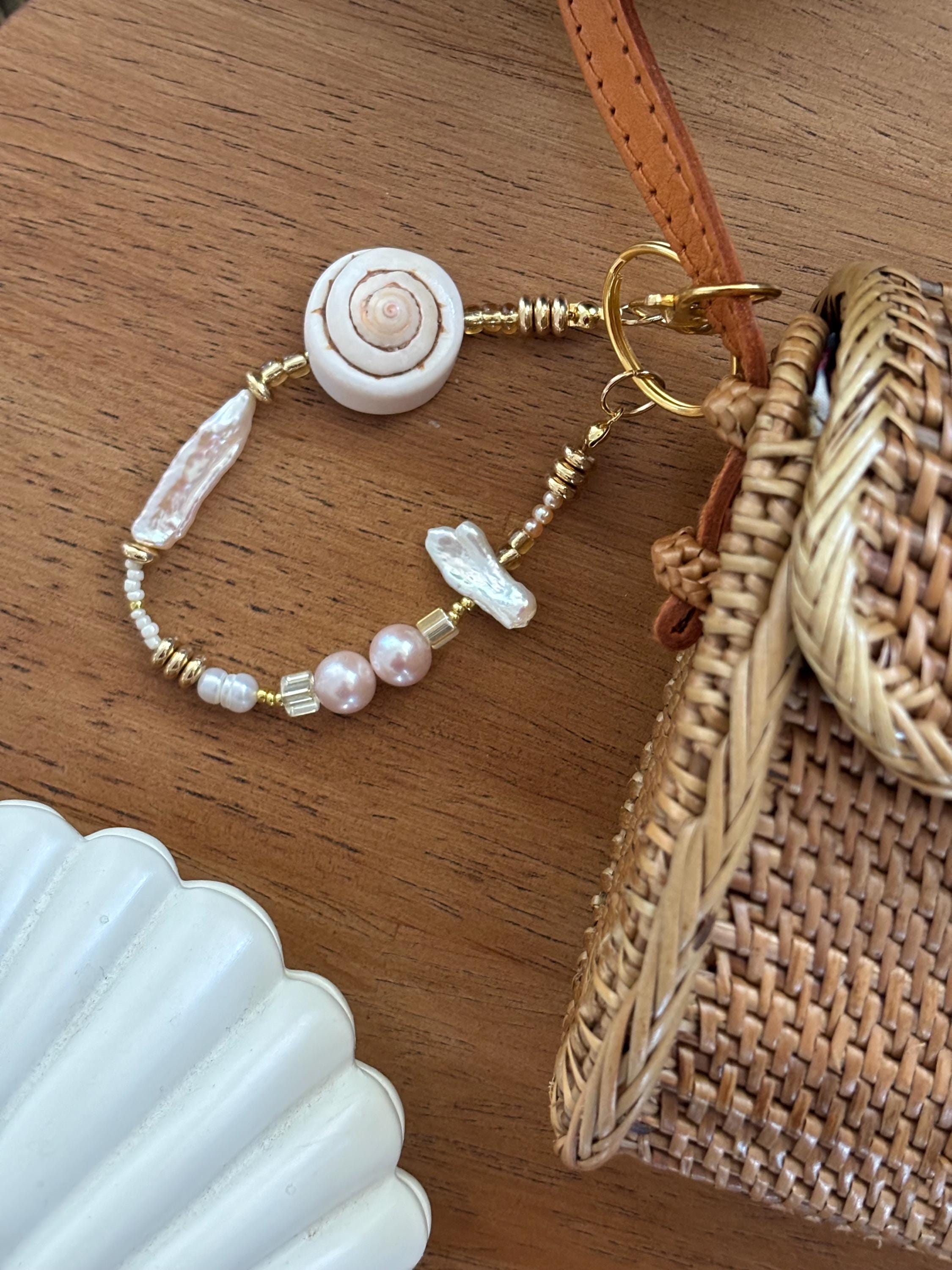 Bag Charm Keychain with Freshwater Pearls and Shells, “By The Seashore”, Handmade and Customizable with Gold Accents, Gifts and Party Favors