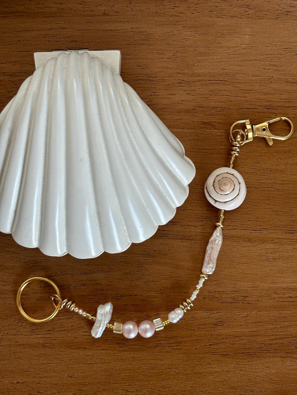 Bag Charm Keychain with Freshwater Pearls and Shells, “By The Seashore”, Handmade and Customizable with Gold Accents, Gifts and Party Favors