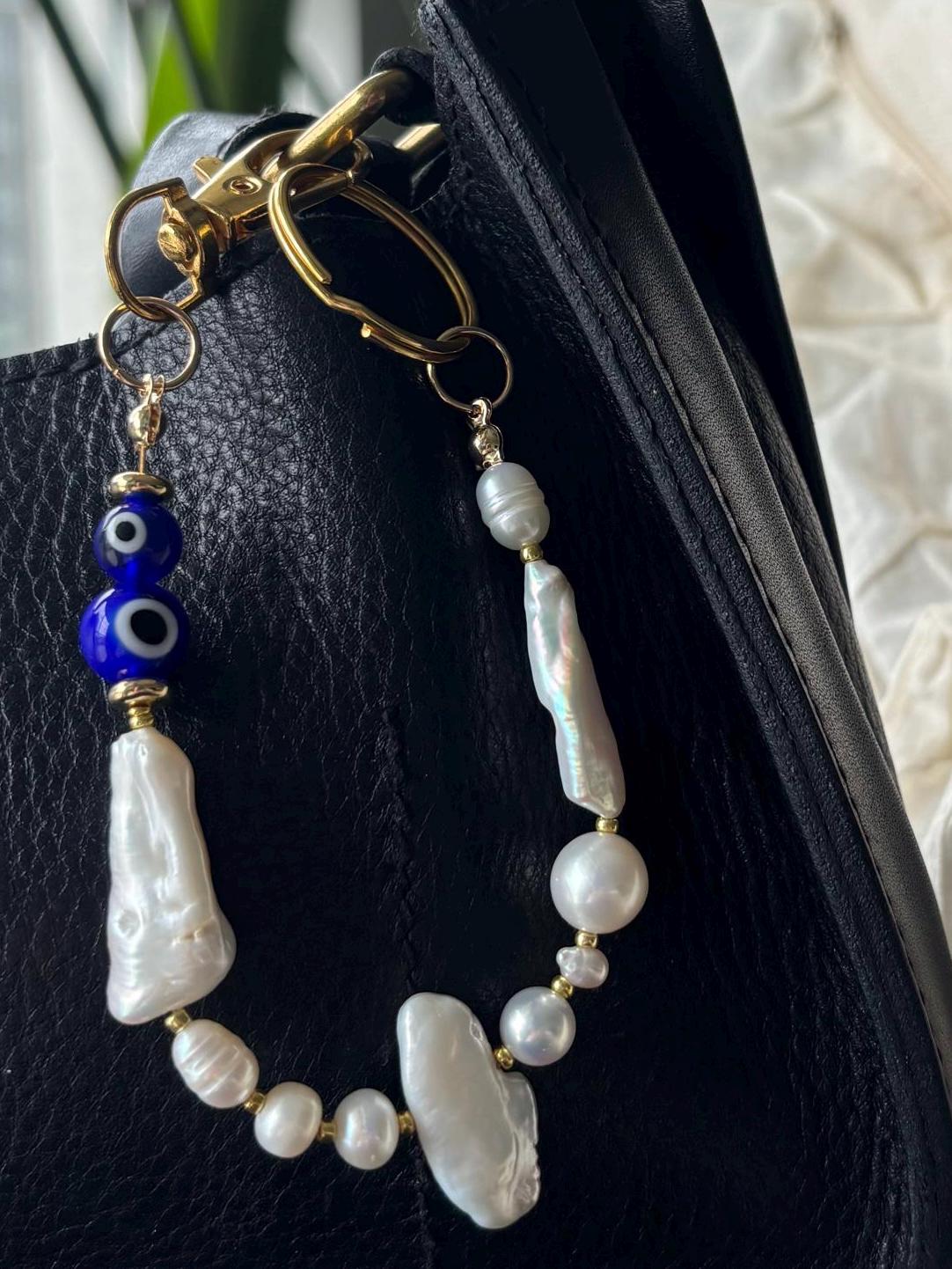 Bag Charm Keychains with Evil Eye Beads and Real Freshwater Pearls, Handmade and Customizable Style & Length for Purse, Perfect for Gifts