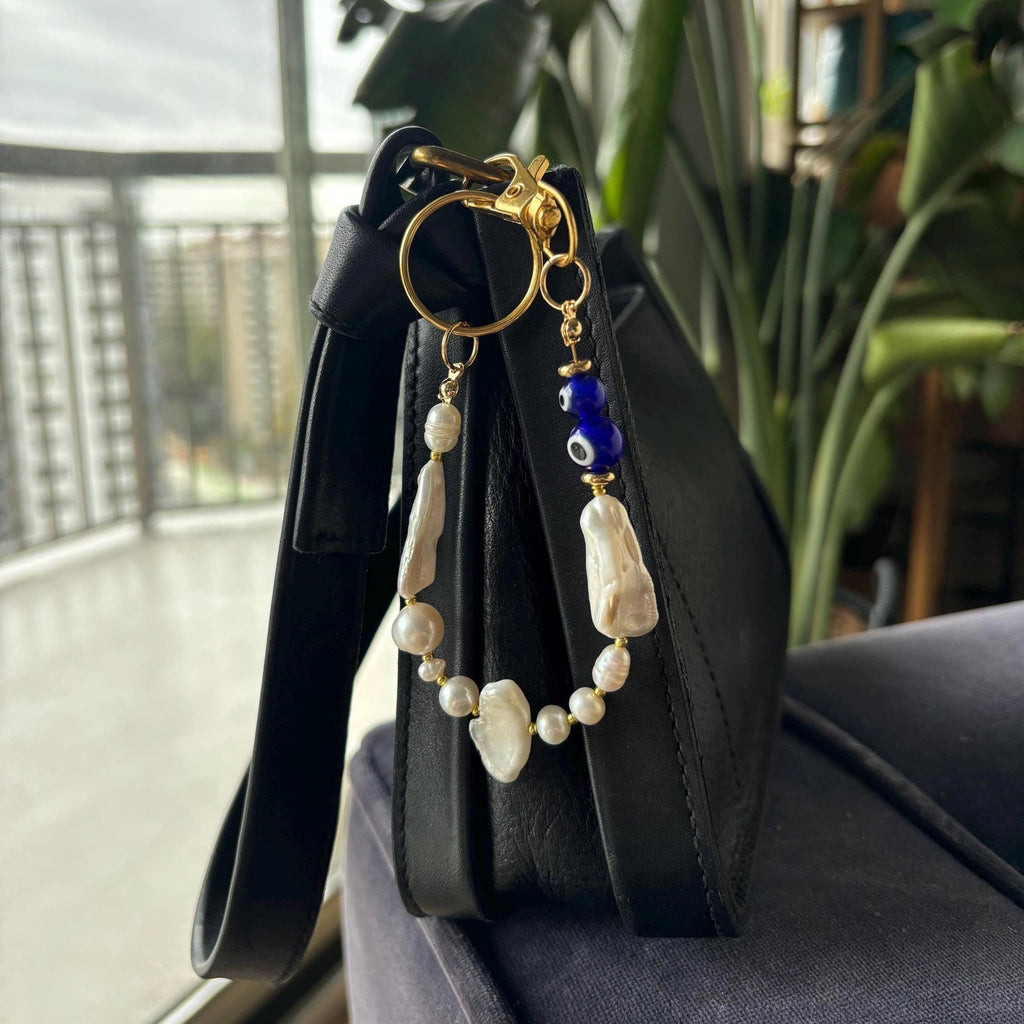 Bag Charm Keychains with Evil Eye Beads and Real Freshwater Pearls, Handmade and Customizable Style & Length for Purse, Perfect for Gifts