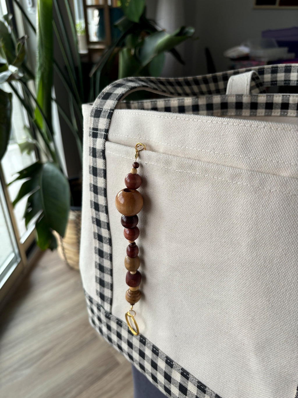 Bag Keychain with Wood Beads and Gold Accents, Handmade and Customizable Style & Length for Purse, Perfect for Gifts