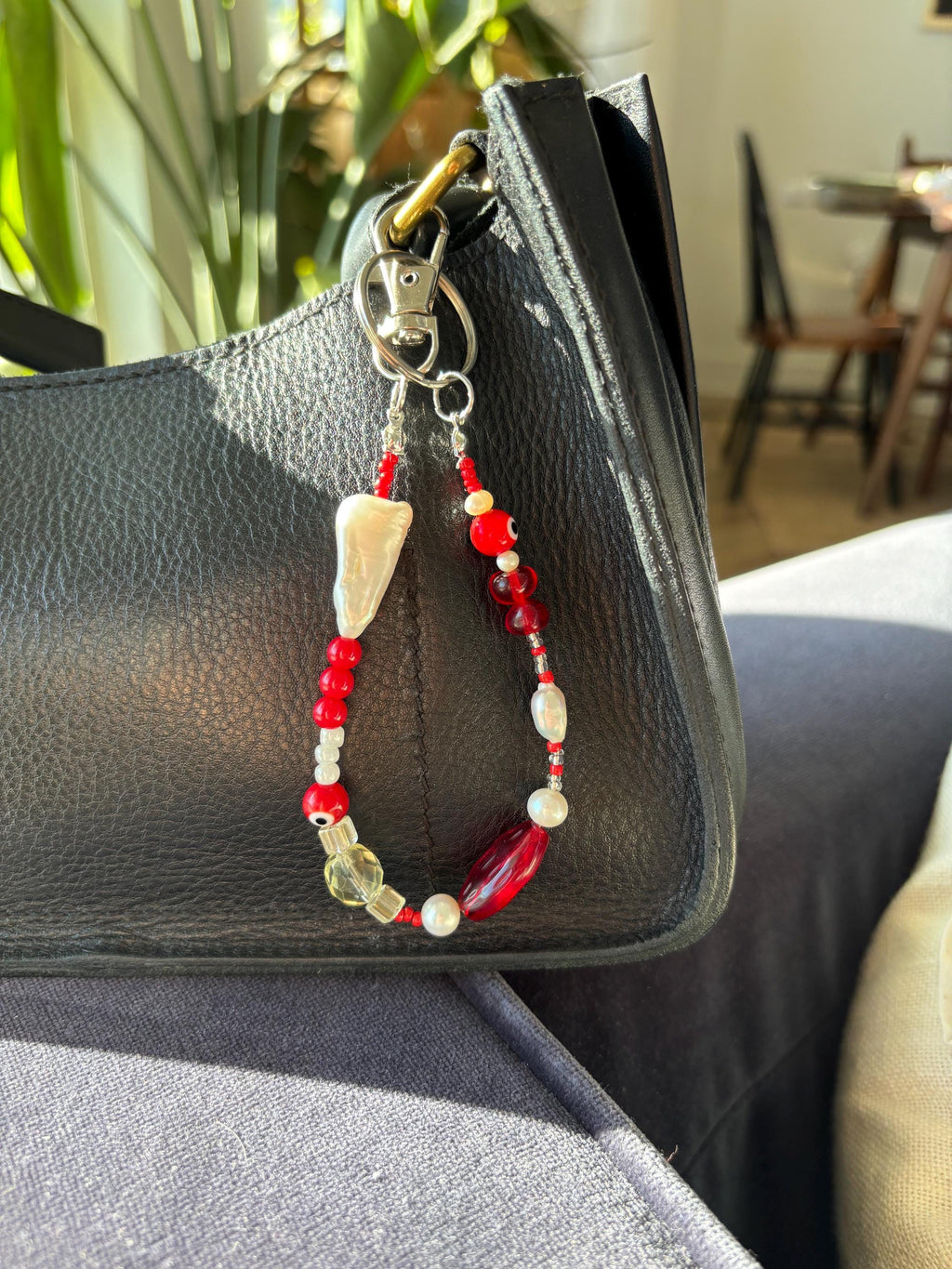 Bag Charm Keychains with Freshwater Pearls and Vibrant Glass Beads, Handmade and Customizable Style & Length with Silver, Gifts for Purses