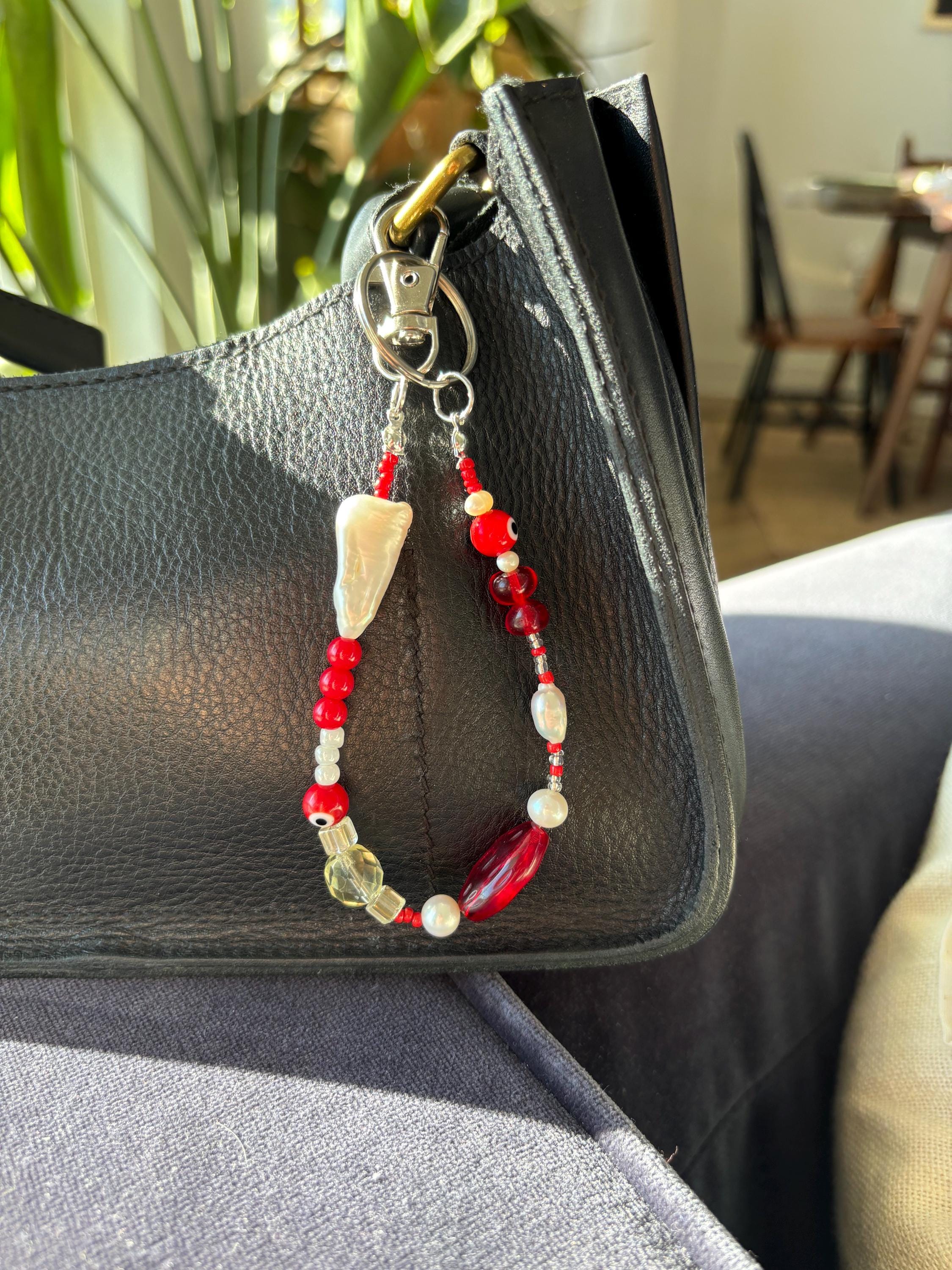 Bag Charm Keychains with Freshwater Pearls and Vibrant Glass Beads, Handmade and Customizable Style & Length with Silver, Gifts for Purses