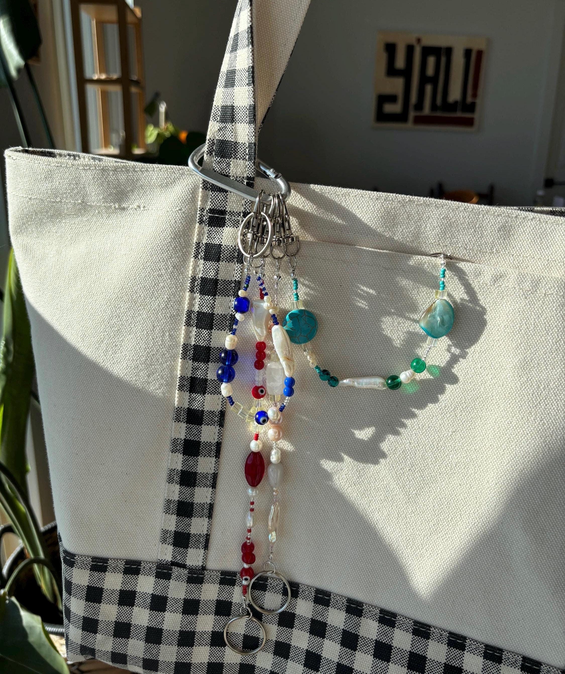 Bag Charm Keychains with Freshwater Pearls and Vibrant Glass Beads, Handmade and Customizable Style & Length with Silver, Gifts for Purses