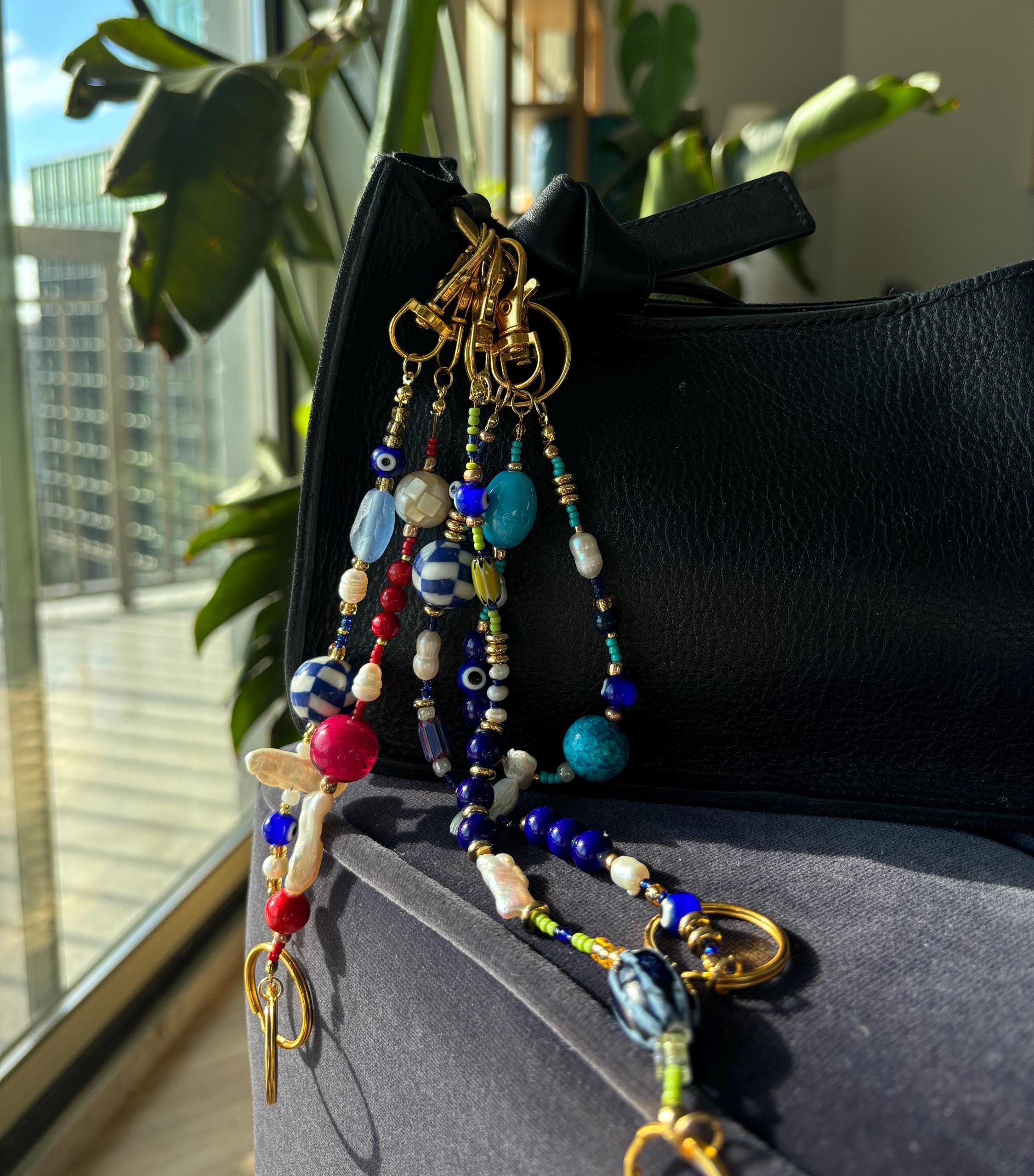 Bag Charm Keychains with Freshwater Pearls and Vibrant Glass Beads, Handmade and Customizable Style & Length, Perfect for Gifts
