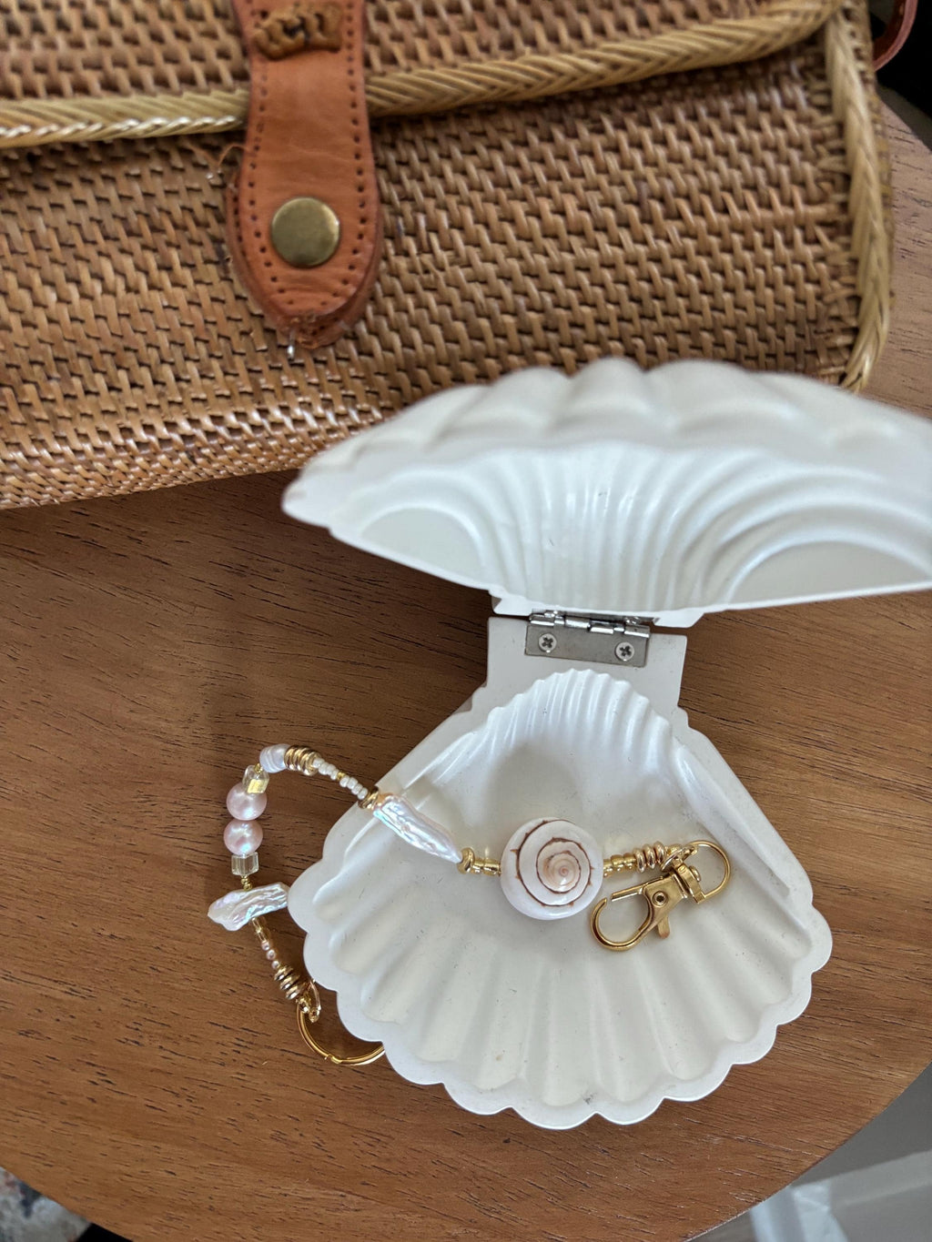 Bag Charm Keychain with Freshwater Pearls and Shells, “By The Seashore”, Handmade and Customizable with Gold Accents, Gifts and Party Favors