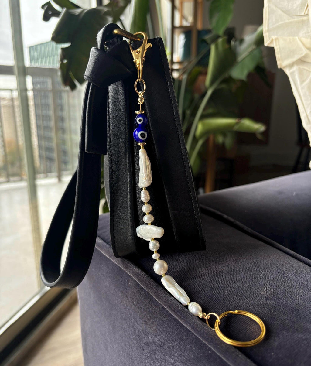 Bag Charm Keychains with Evil Eye Beads and Real Freshwater Pearls, Handmade and Customizable Style & Length for Purse, Perfect for Gifts