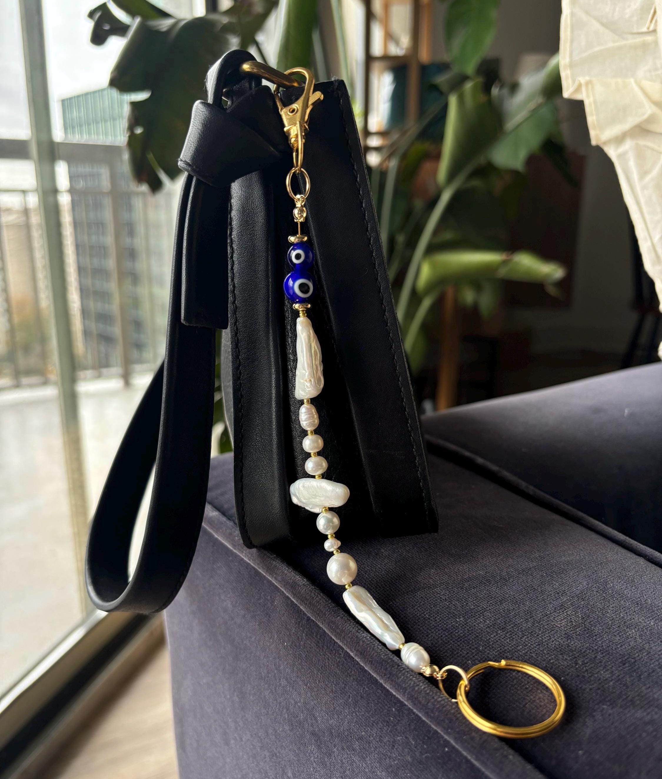 Bag Charm Keychains with Evil Eye Beads and Real Freshwater Pearls, Handmade and Customizable Style & Length for Purse, Perfect for Gifts