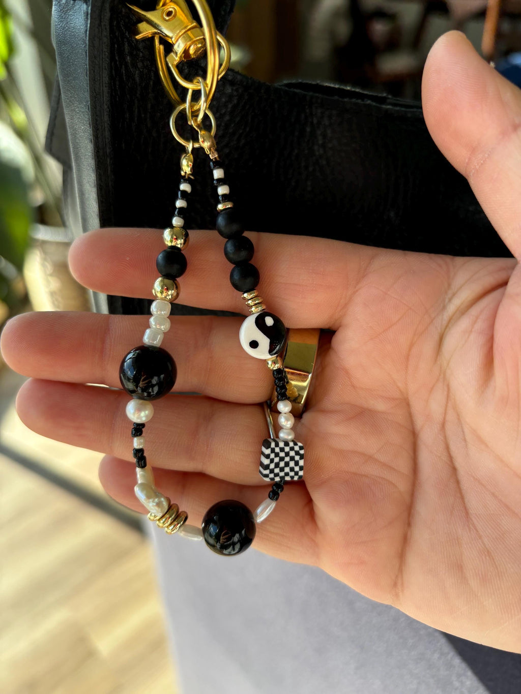 Bag Charm Keychains with Yin Yang Beads and Real Freshwater Pearls, Handmade and Customizable Style & Length for Purse, Perfect for Gifts