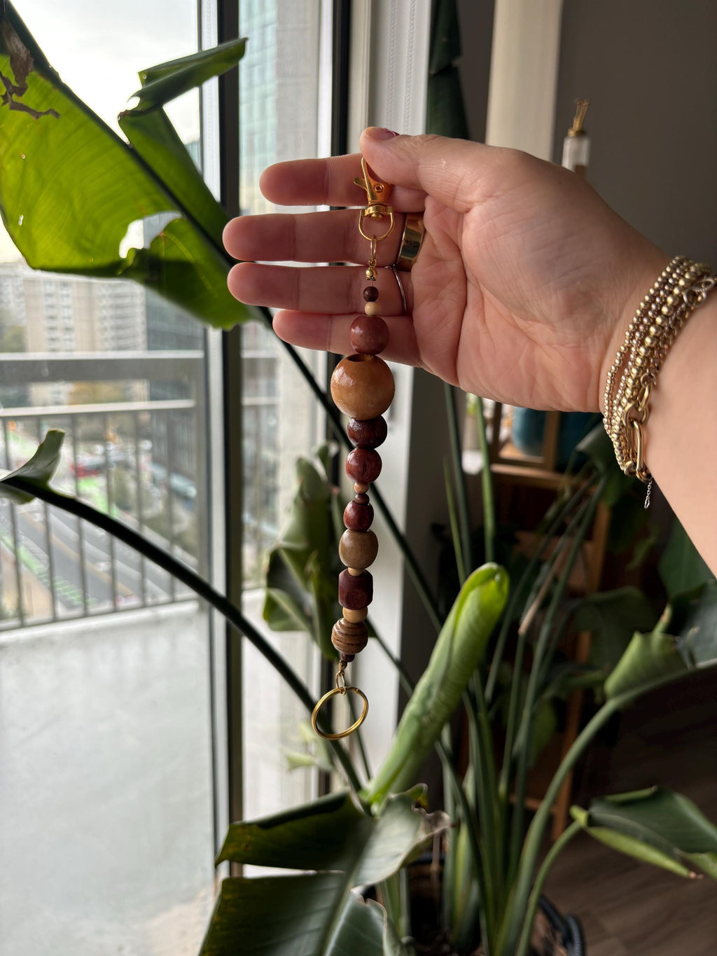 Bag Keychain with Wood Beads and Gold Accents, Handmade and Customizable Style & Length for Purse, Perfect for Gifts