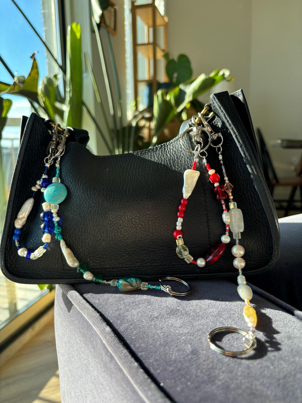 Bag Charm Keychains with Freshwater Pearls and Vibrant Glass Beads, Handmade and Customizable Style & Length with Silver, Gifts for Purses