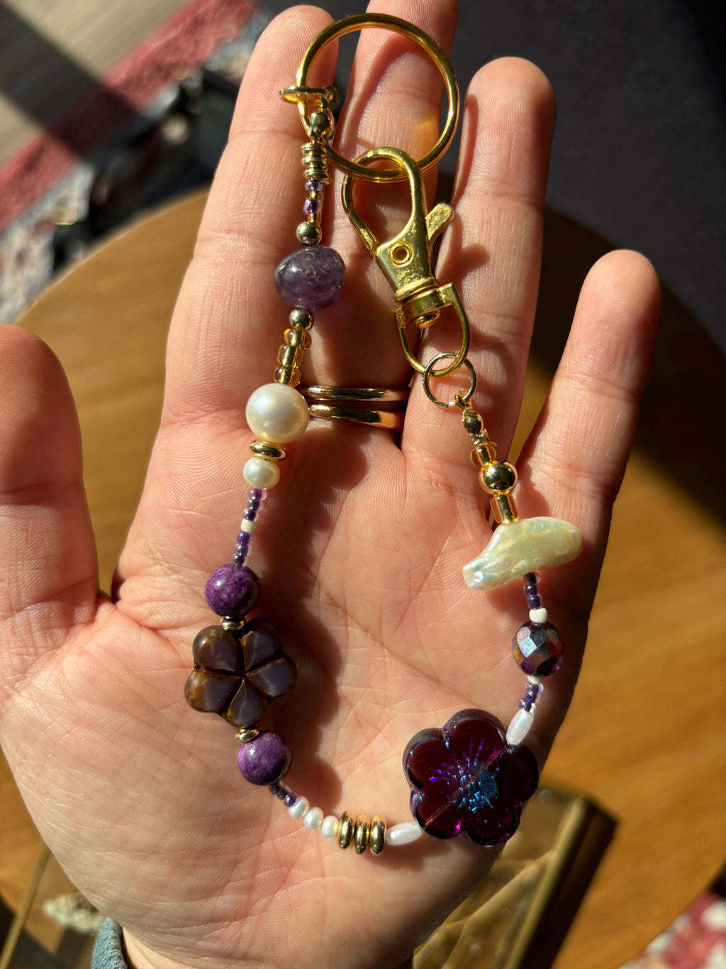 Bag Charm Keychain “Purple Paradise” with Freshwater Pearls and Flower Glass Beads, Handmade with Gold Accents, Gifts and Party Favors