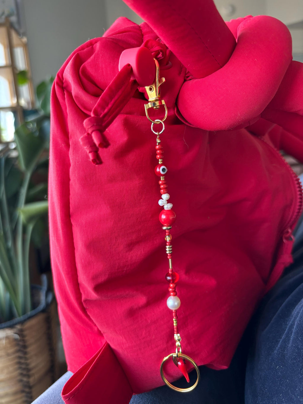 Bag Charm Keychain “Chili Red” with Freshwater Pearls and Glass Beads, Handmade with Gold Accents, Gifts and Party Favors