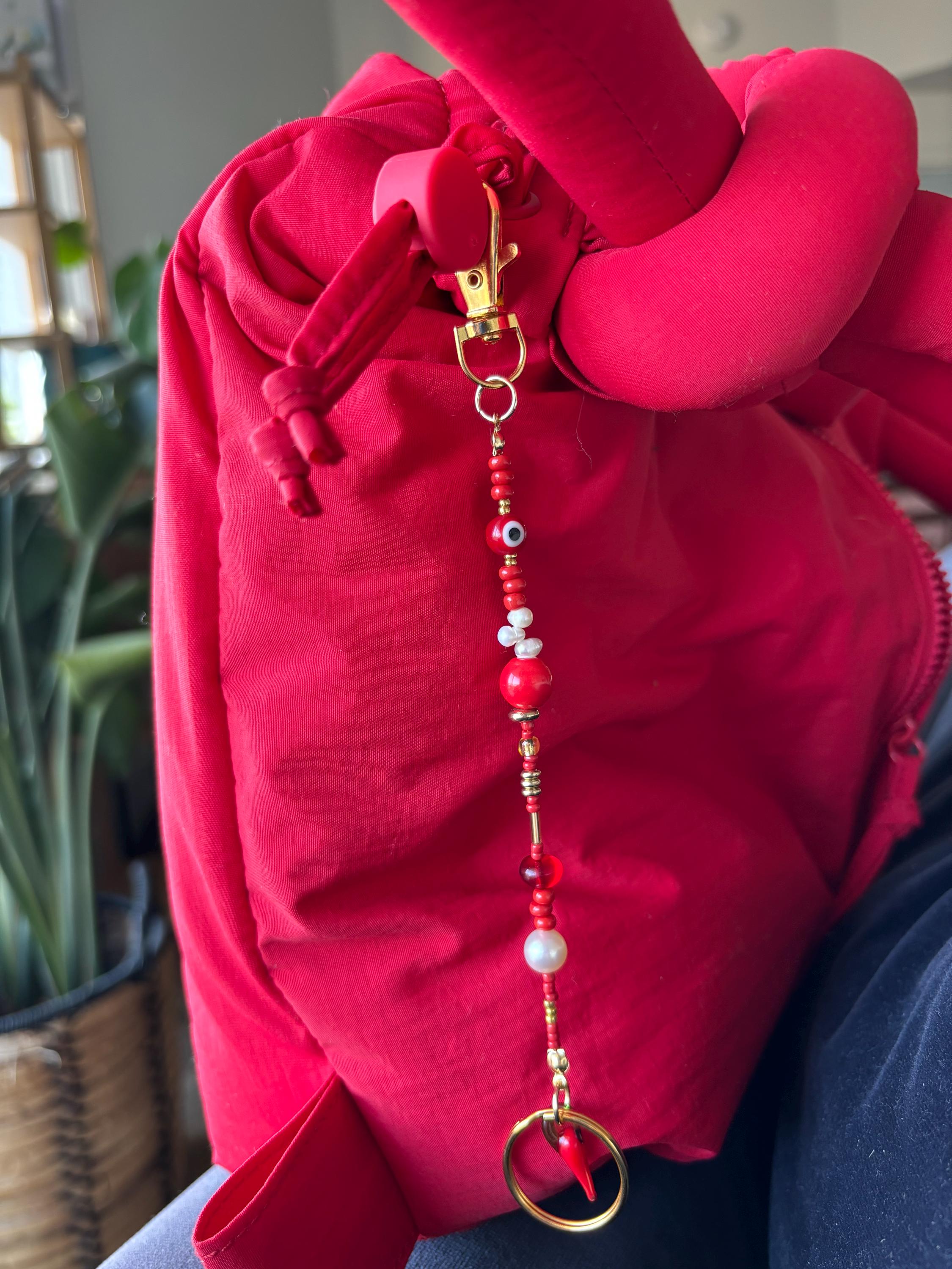 Bag Charm Keychain “Chili Red” with Freshwater Pearls and Glass Beads, Handmade with Gold Accents, Gifts and Party Favors