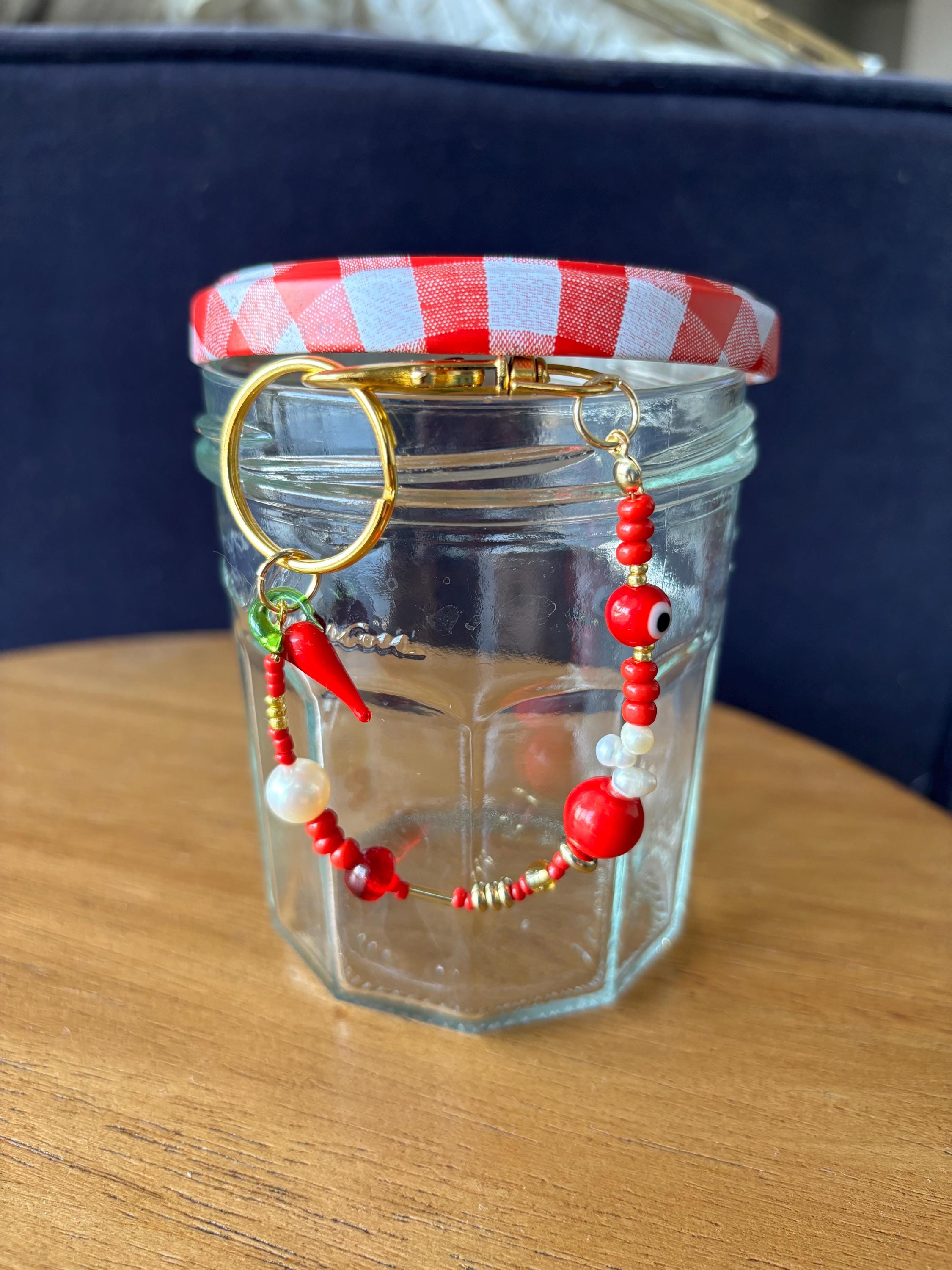 Bag Charm Keychain “Chili Red” with Freshwater Pearls and Glass Beads, Handmade with Gold Accents, Gifts and Party Favors
