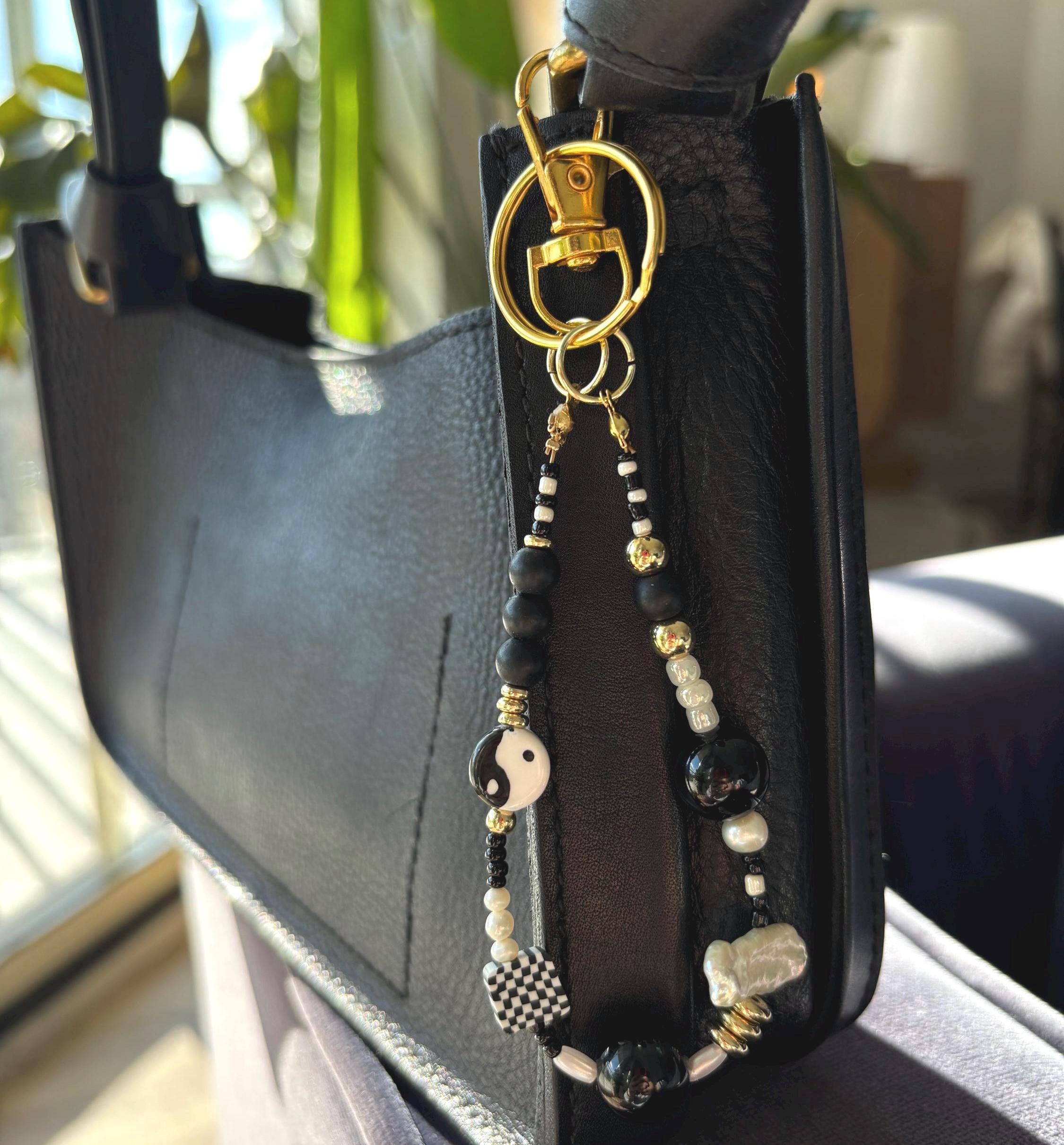 Bag Charm Keychains with Yin Yang Beads and Real Freshwater Pearls, Handmade and Customizable Style & Length for Purse, Perfect for Gifts