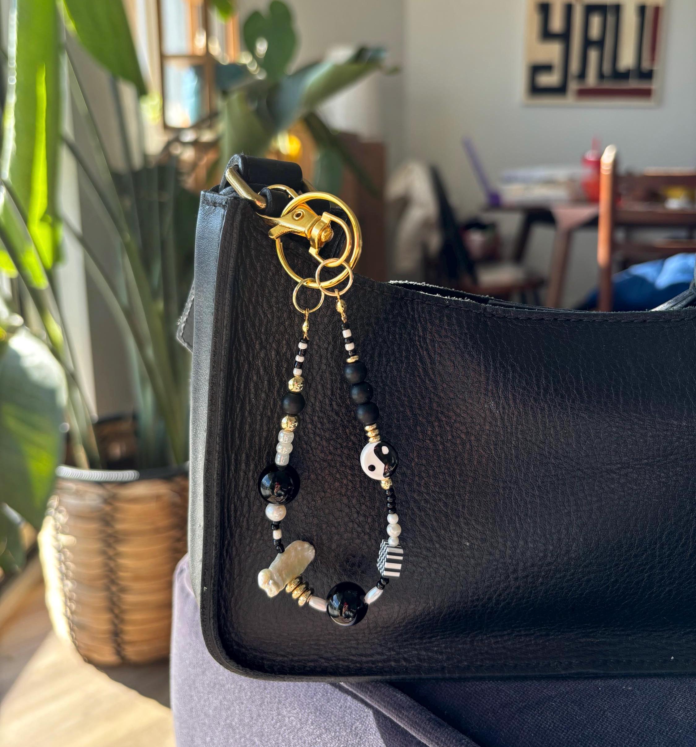 Bag Charm Keychains with Yin Yang Beads and Real Freshwater Pearls, Handmade and Customizable Style & Length for Purse, Perfect for Gifts