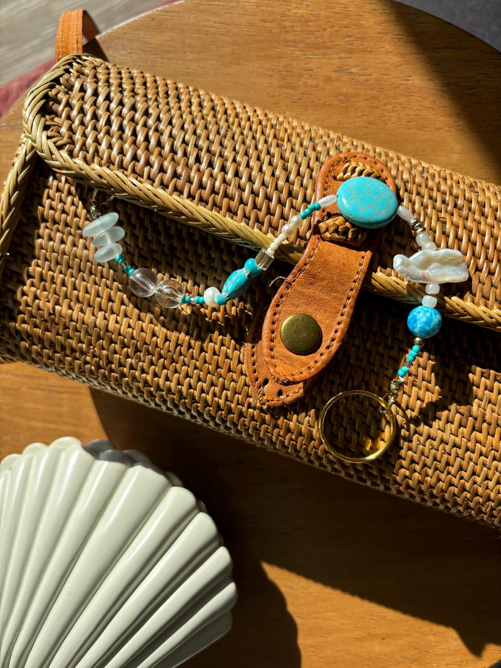 Bag Charm Keychain “Sea Treasures” with Freshwater Pearls and Glass Beads, Handmade with Gold Accents, Gifts and Party Favors for Purse