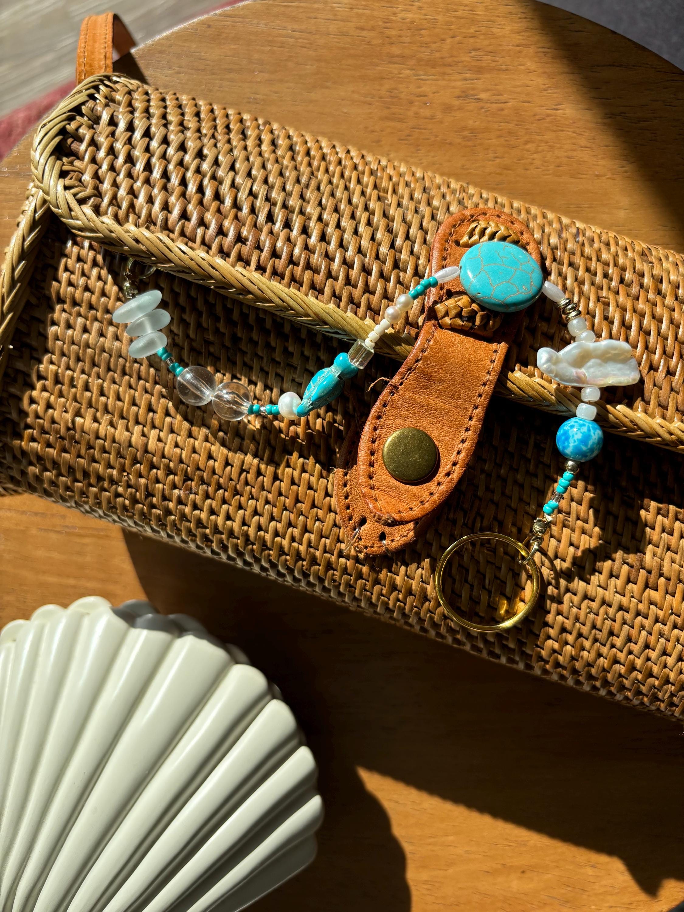 Bag Charm Keychain “Sea Treasures” with Freshwater Pearls and Glass Beads, Handmade with Gold Accents, Gifts and Party Favors for Purse