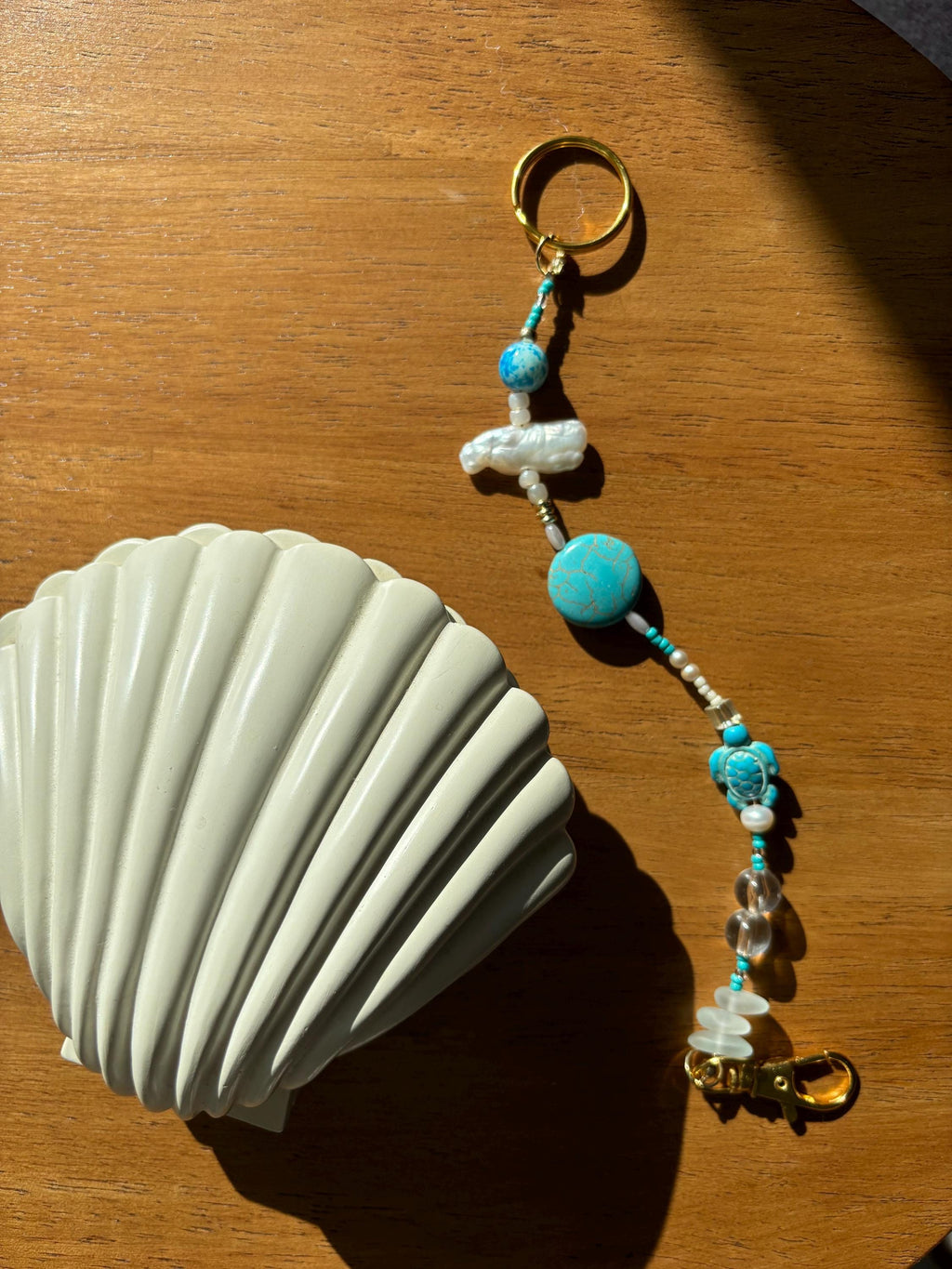 Bag Charm Keychain “Sea Treasures” with Freshwater Pearls and Glass Beads, Handmade with Gold Accents, Gifts and Party Favors for Purse