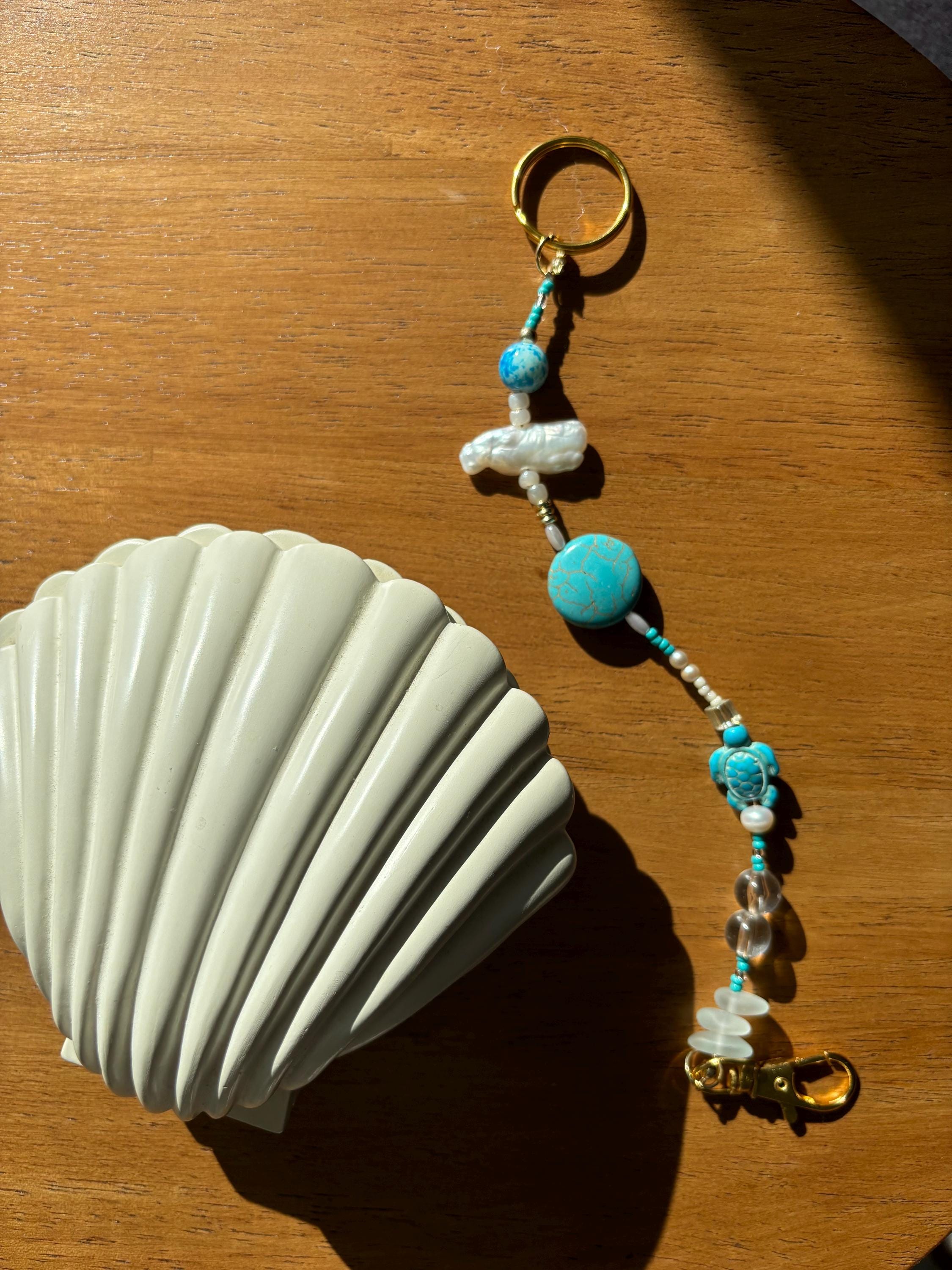 Bag Charm Keychain “Sea Treasures” with Freshwater Pearls and Glass Beads, Handmade with Gold Accents, Gifts and Party Favors for Purse