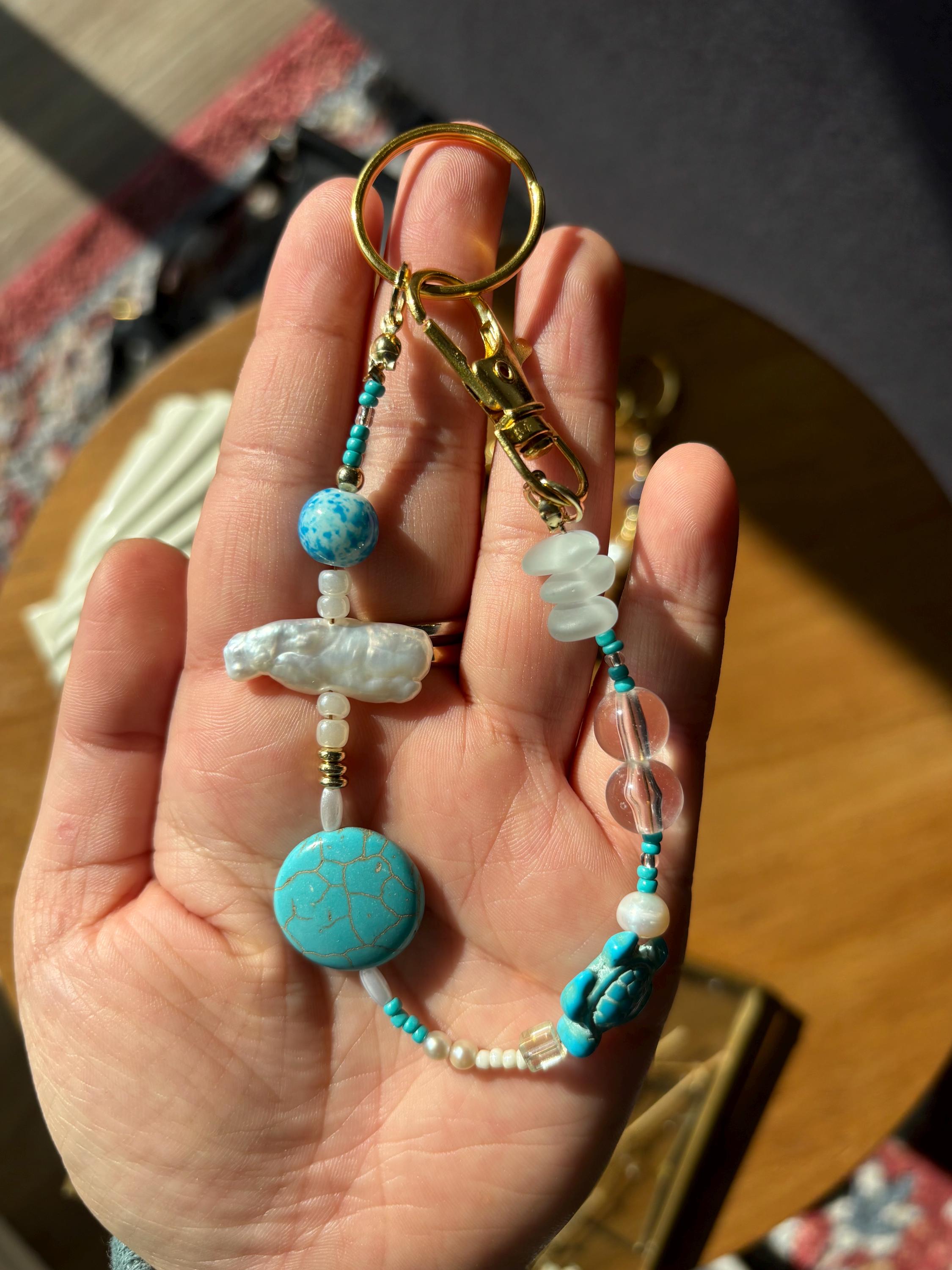 Bag Charm Keychain “Sea Treasures” with Freshwater Pearls and Glass Beads, Handmade with Gold Accents, Gifts and Party Favors for Purse
