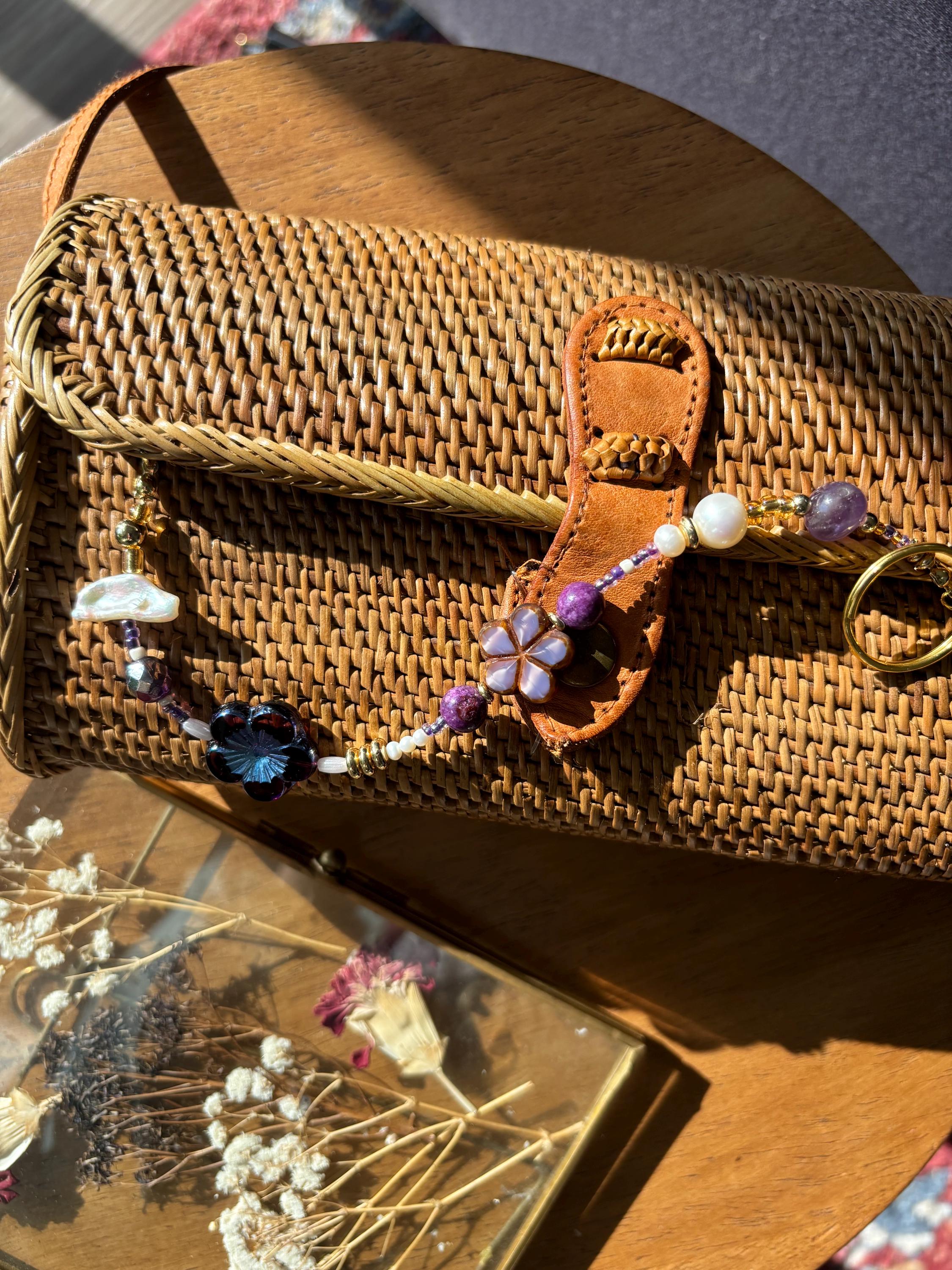 Bag Charm Keychain “Purple Paradise” with Freshwater Pearls and Flower Glass Beads, Handmade with Gold Accents, Gifts and Party Favors