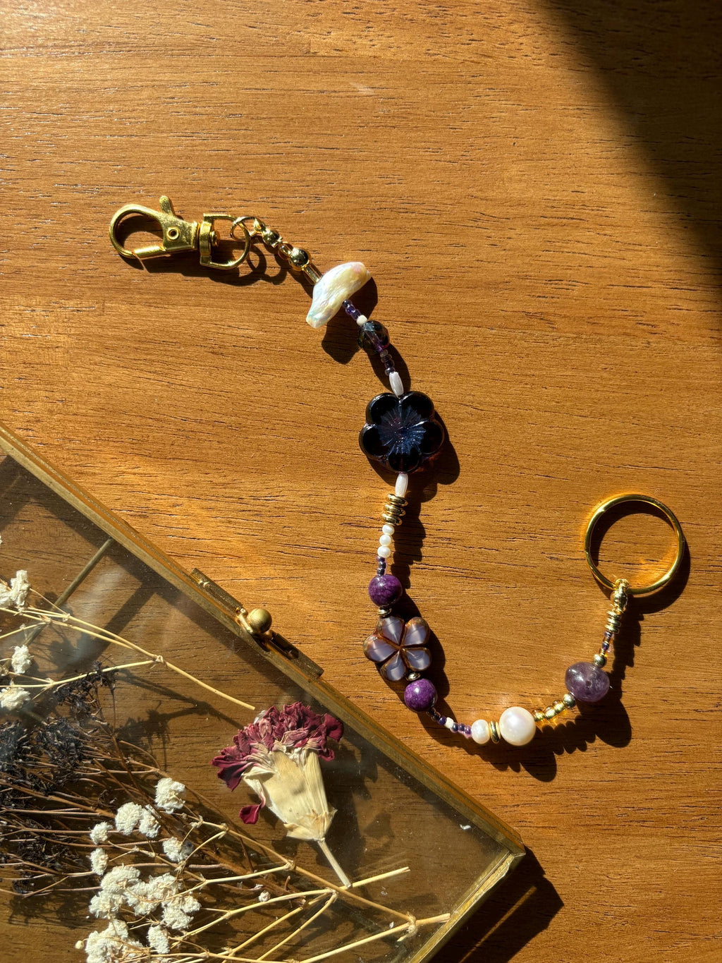 Bag Charm Keychain “Purple Paradise” with Freshwater Pearls and Flower Glass Beads, Handmade with Gold Accents, Gifts and Party Favors