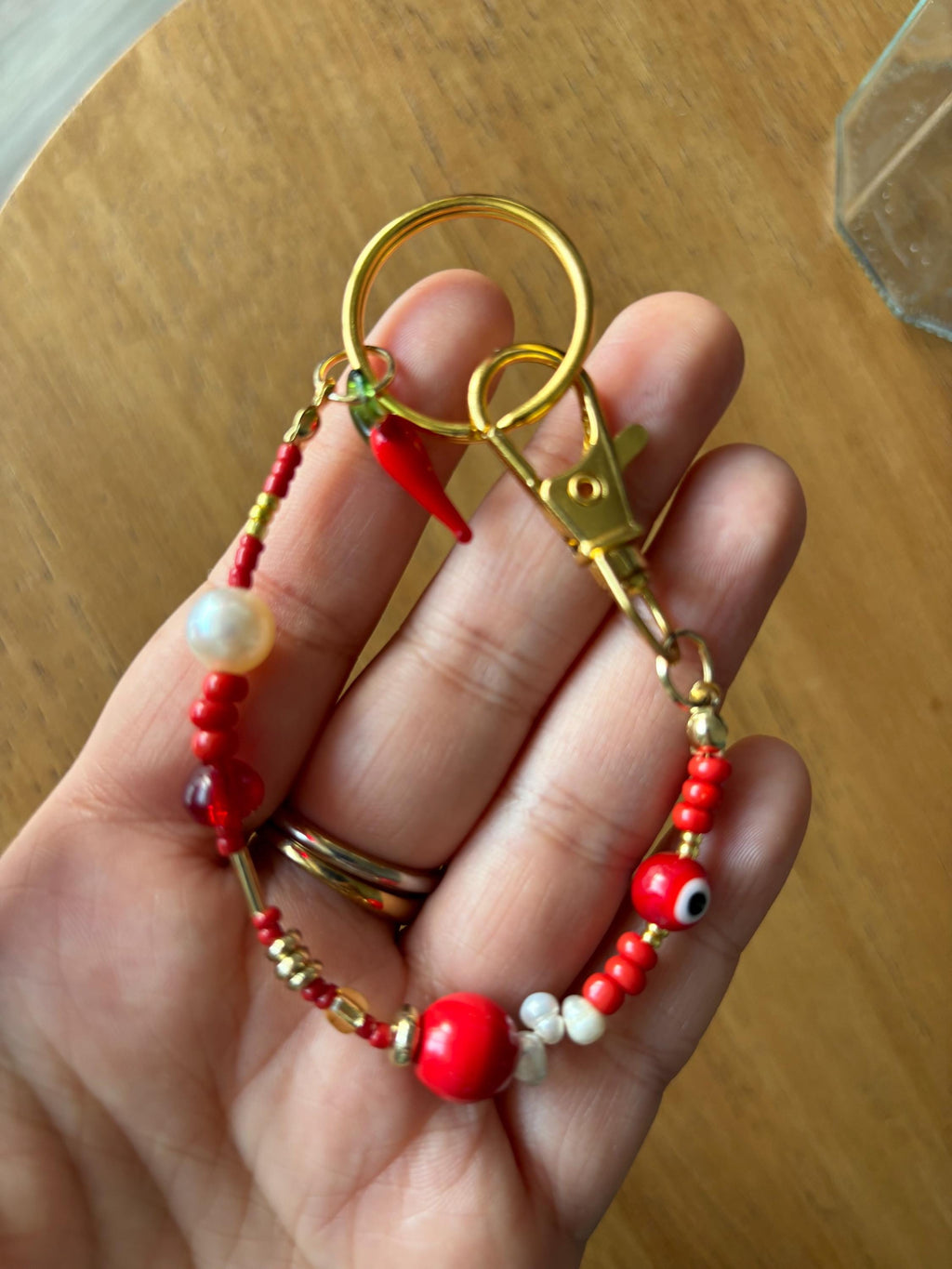Bag Charm Keychain “Chili Red” with Freshwater Pearls and Glass Beads, Handmade with Gold Accents, Gifts and Party Favors
