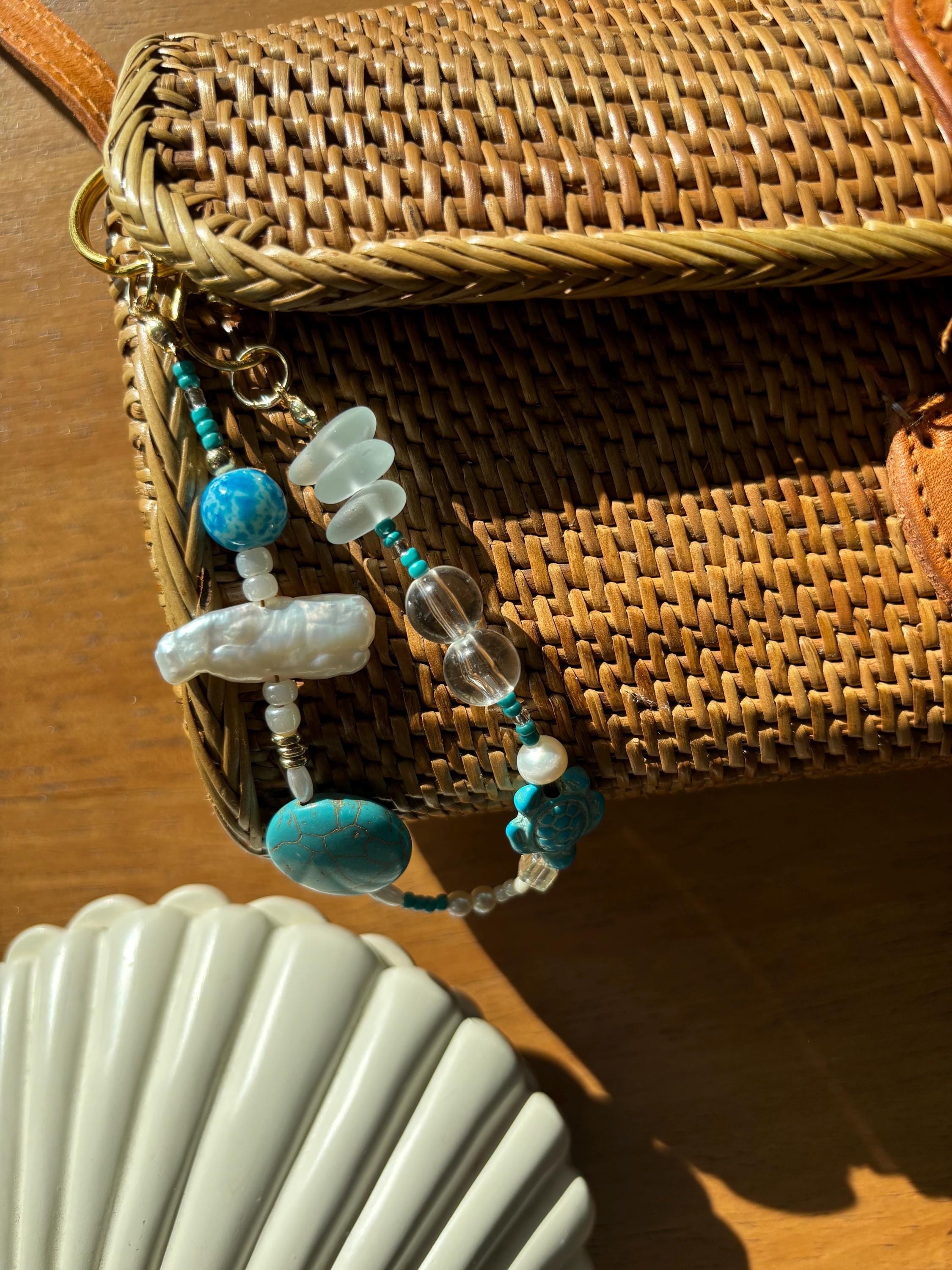 Bag Charm Keychain “Sea Treasures” with Freshwater Pearls and Glass Beads, Handmade with Gold Accents, Gifts and Party Favors for Purse