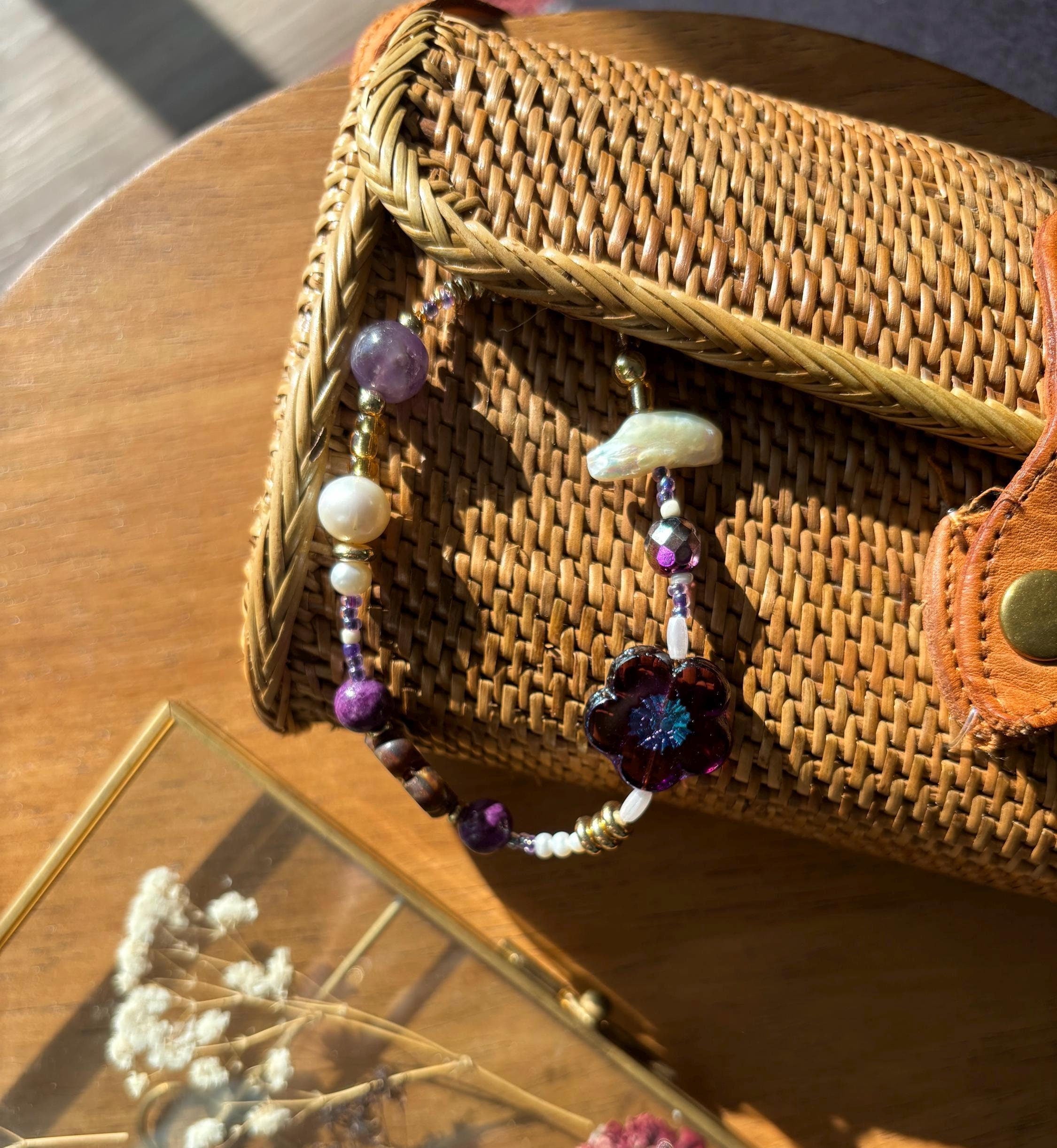 Bag Charm Keychain “Purple Paradise” with Freshwater Pearls and Flower Glass Beads, Handmade with Gold Accents, Gifts and Party Favors