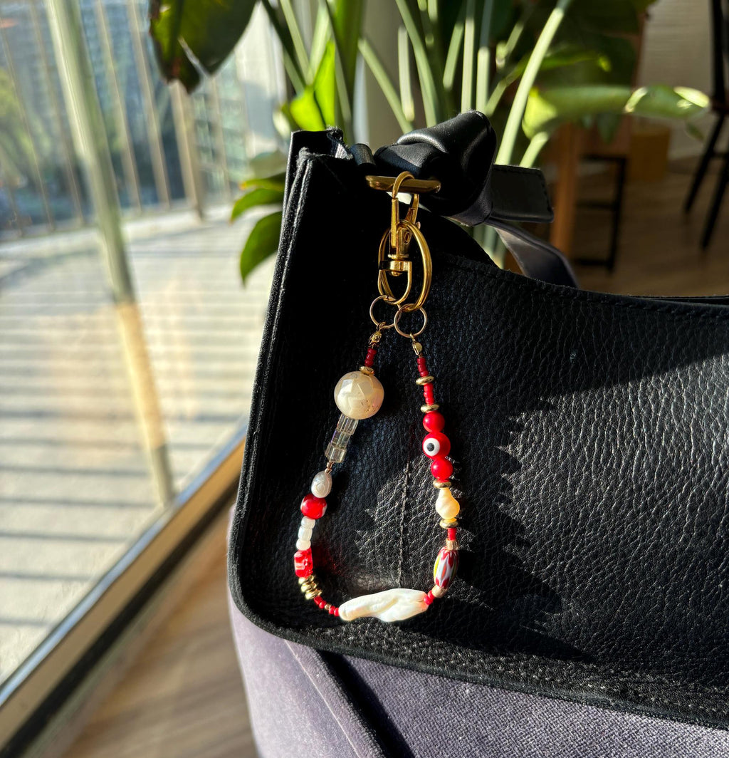 Bag Charm Keychains with Freshwater Pearls and Vibrant Glass Beads, Handmade and Customizable Style & Length, Perfect for Gifts