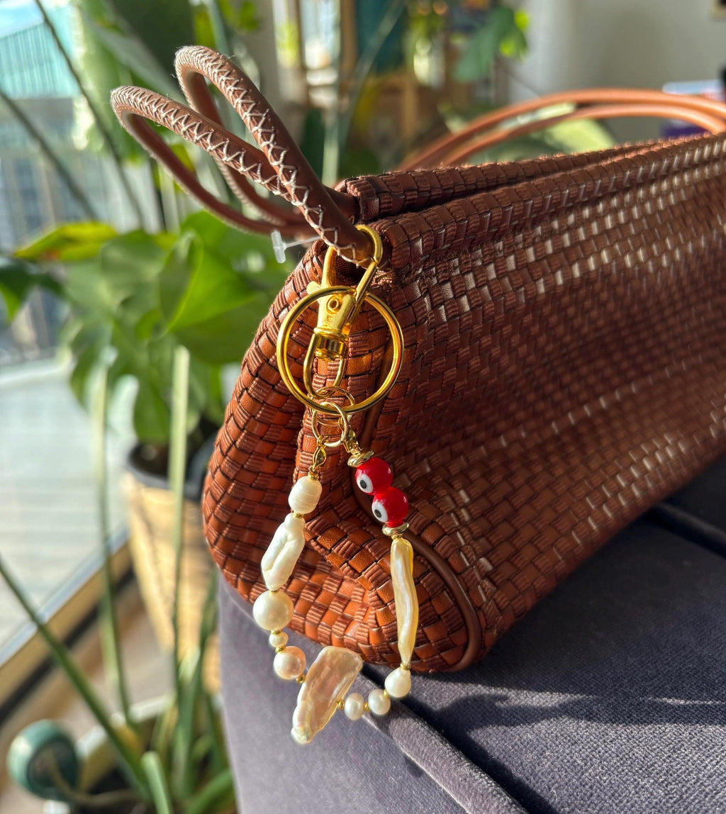 Bag Charm Keychains with Evil Eye Beads and Real Freshwater Pearls, Handmade and Customizable Style & Length for Purse, Perfect for Gifts
