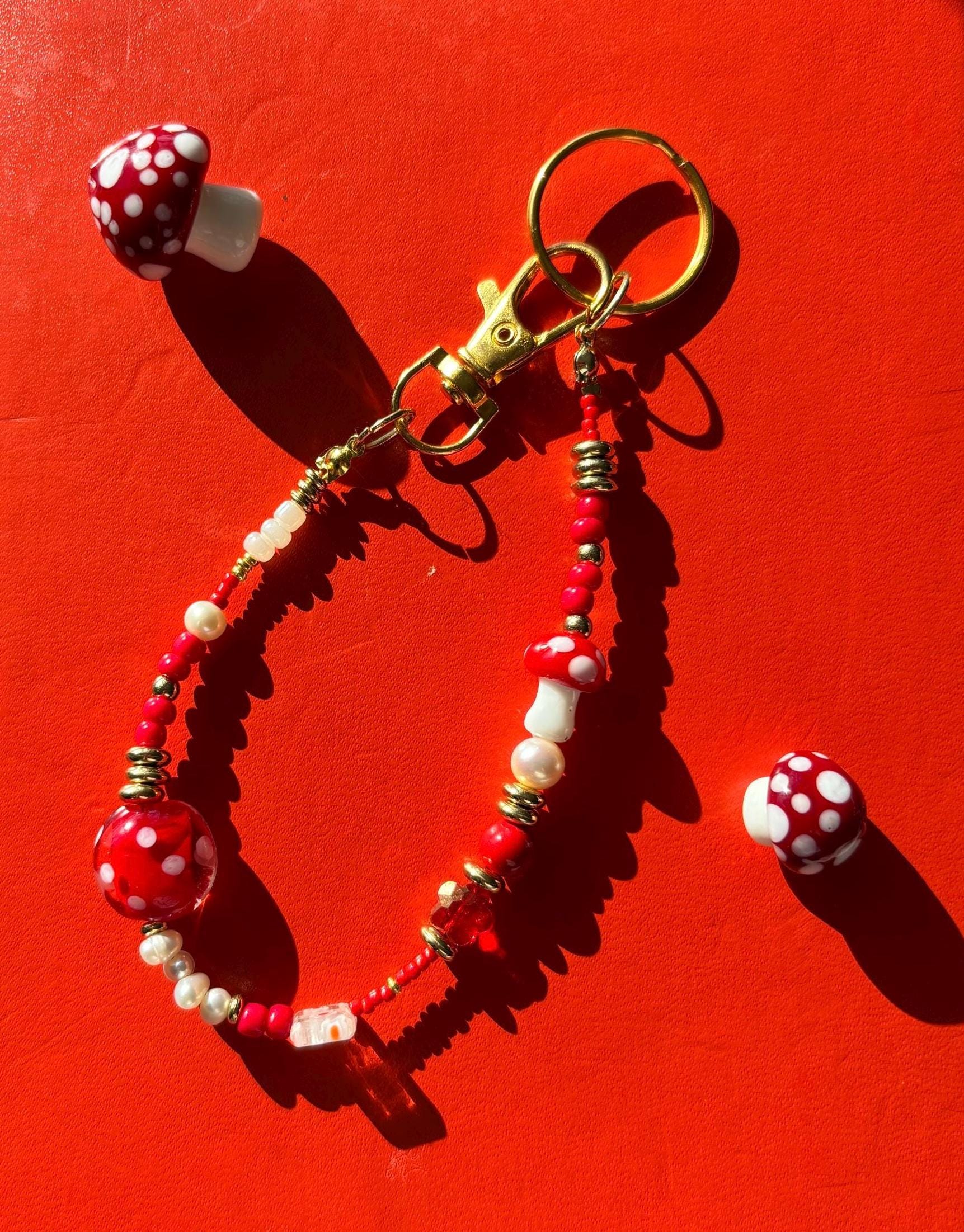 Bag Charm Keychain “Mushroom Mania” with Freshwater Pearls and Glass Beads, Handmade with Gold Accents, Gifts and Party Favors