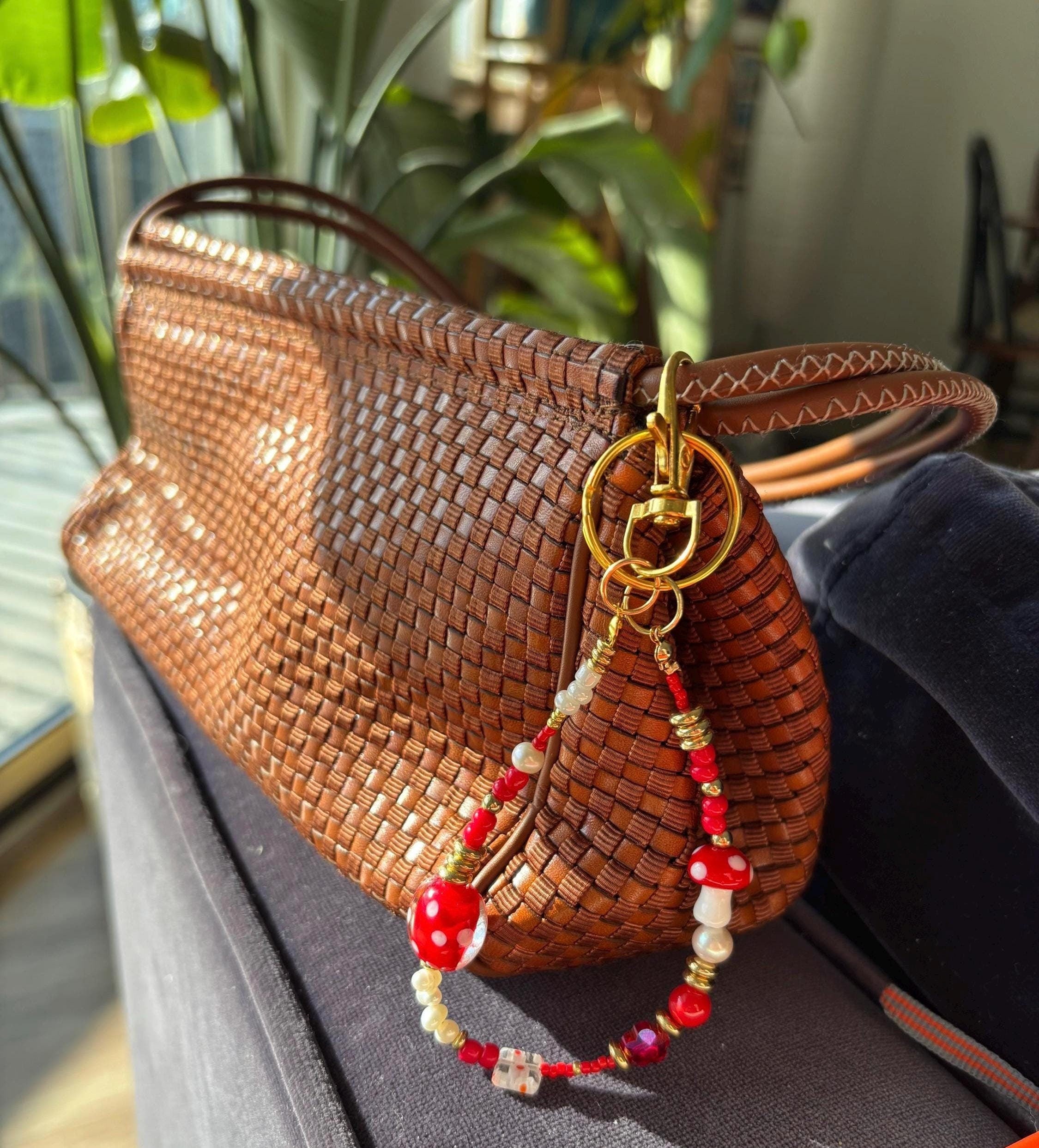 Bag Charm Keychain “Mushroom Mania” with Freshwater Pearls and Glass Beads, Handmade with Gold Accents, Gifts and Party Favors