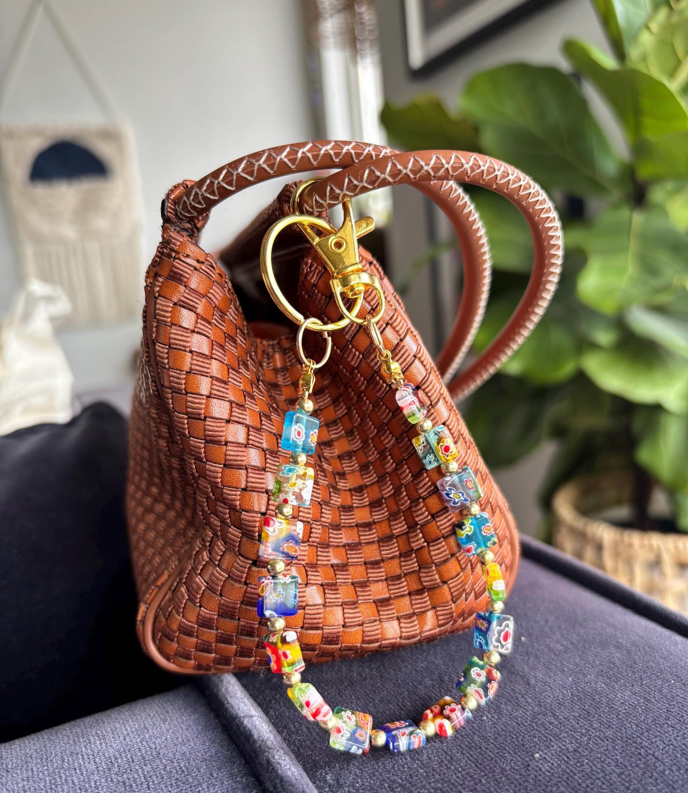 Bag Charm Keychains with Floral Glass Beads and Gold Accents, Handmade and Customizable Style & Length for Purse, Perfect for Gifts